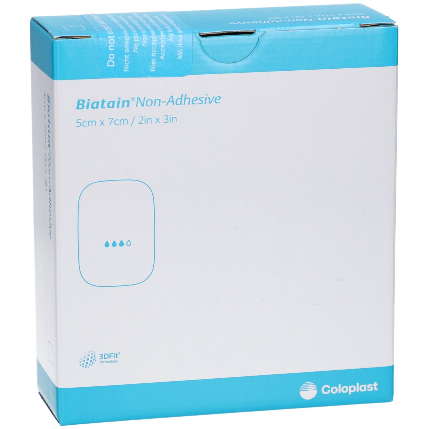 Karton BIATAIN Non-Adhesive, 5x7 cm. Weiß-blauer Karton mit Produktlogo und Größenangabe. Coloplast Logo.