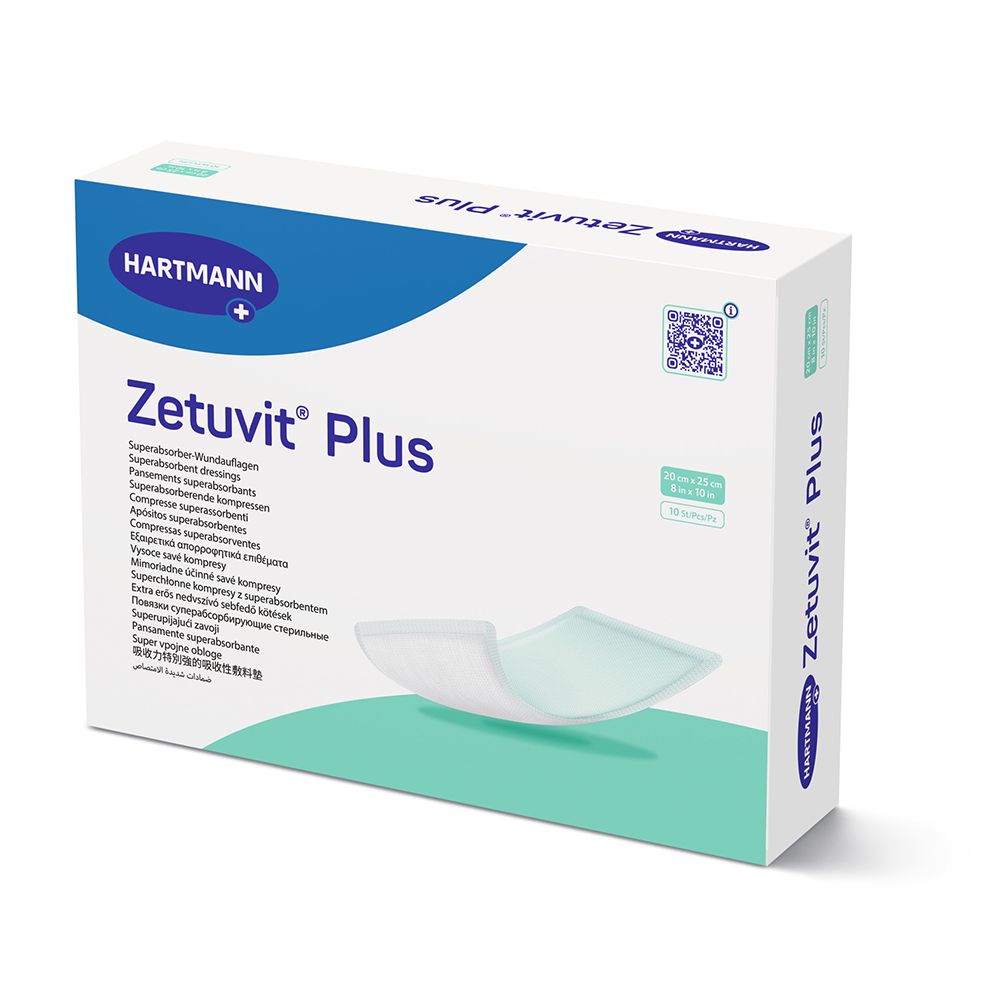 Verpackung Zetuvit Plus Superabsorber-Wundauflage, steril, 20 x 25 cm.