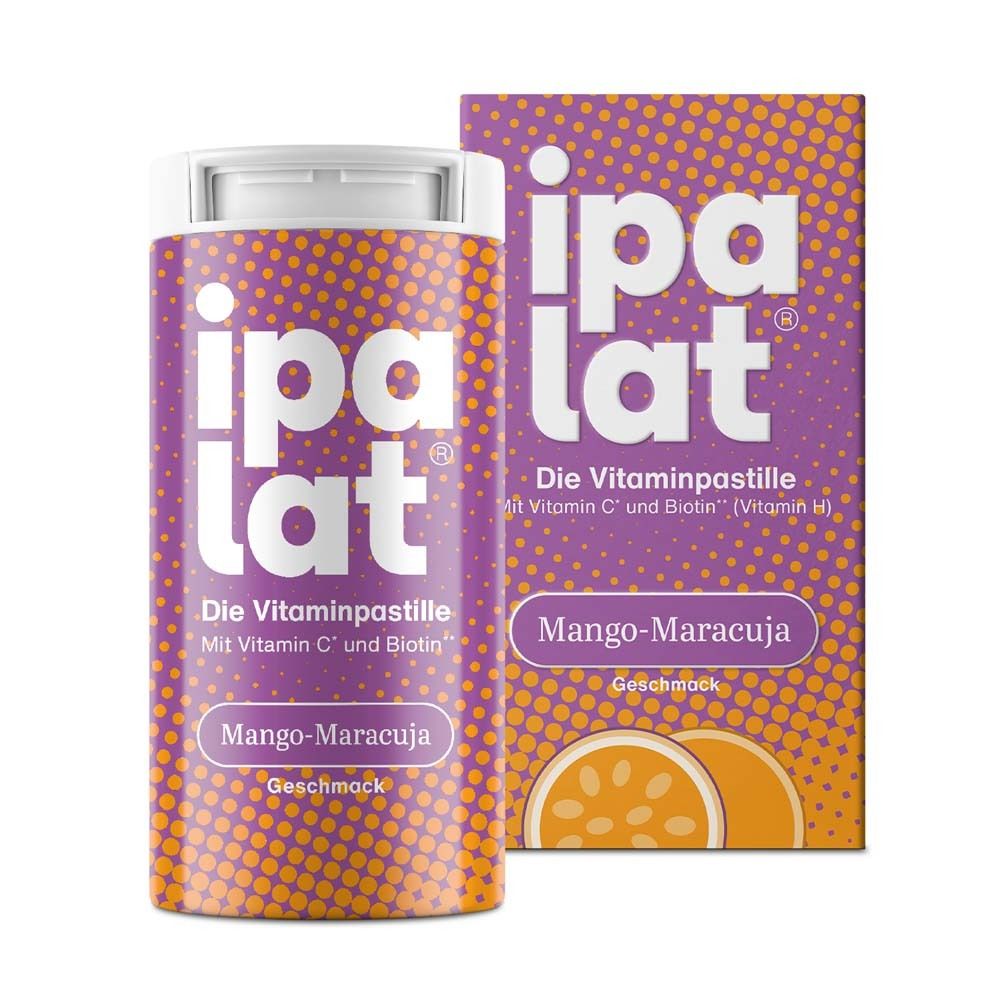 Zylinder mit ipalat® Vitaminpastillen Mango-Maracuja und Schachtel. Aufdrucke: Vitamin C und Biotin.