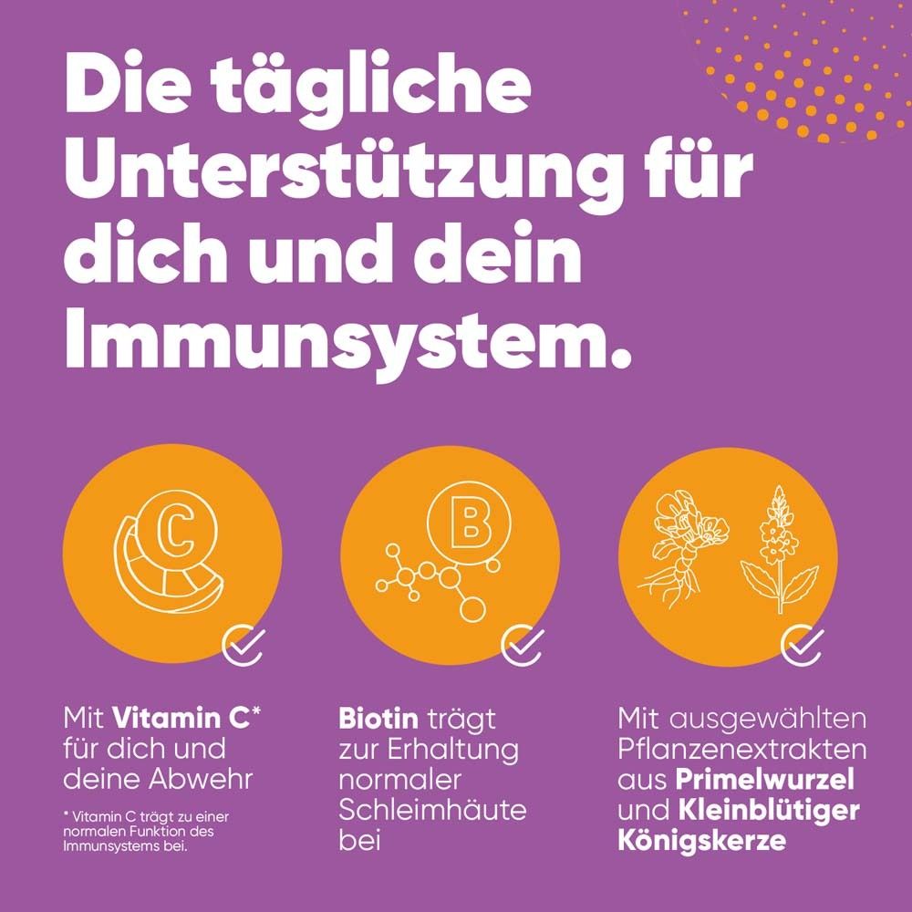 Text mit Icons: Vitamin C, Biotin, Pflanzenextrakte. Text: Die tägliche Unterstützung für dein Immunsystem.