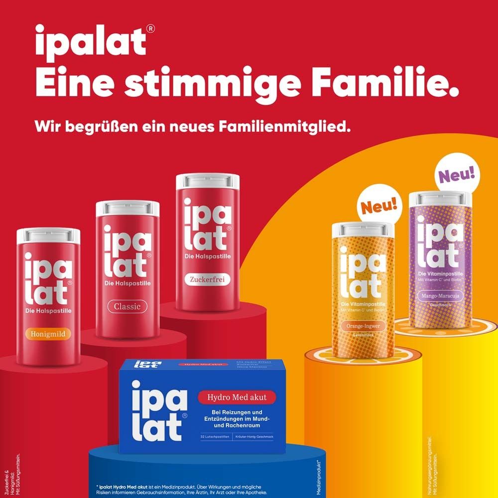 Verschiedene ipalat®-Produkte. Aufdrucke: Classic, Zuckerfrei, Orange-Ingwer, Mango-Maracuja. Text: Eine stimmige Familie.