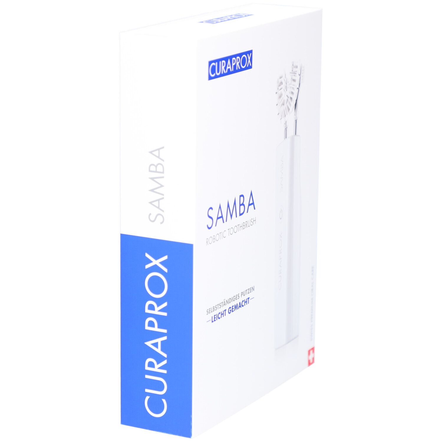 Verpackung der SAMBA Robotic Toothbrush. Weißer Karton mit Produktabbildung und Markennamen CURAPROX.