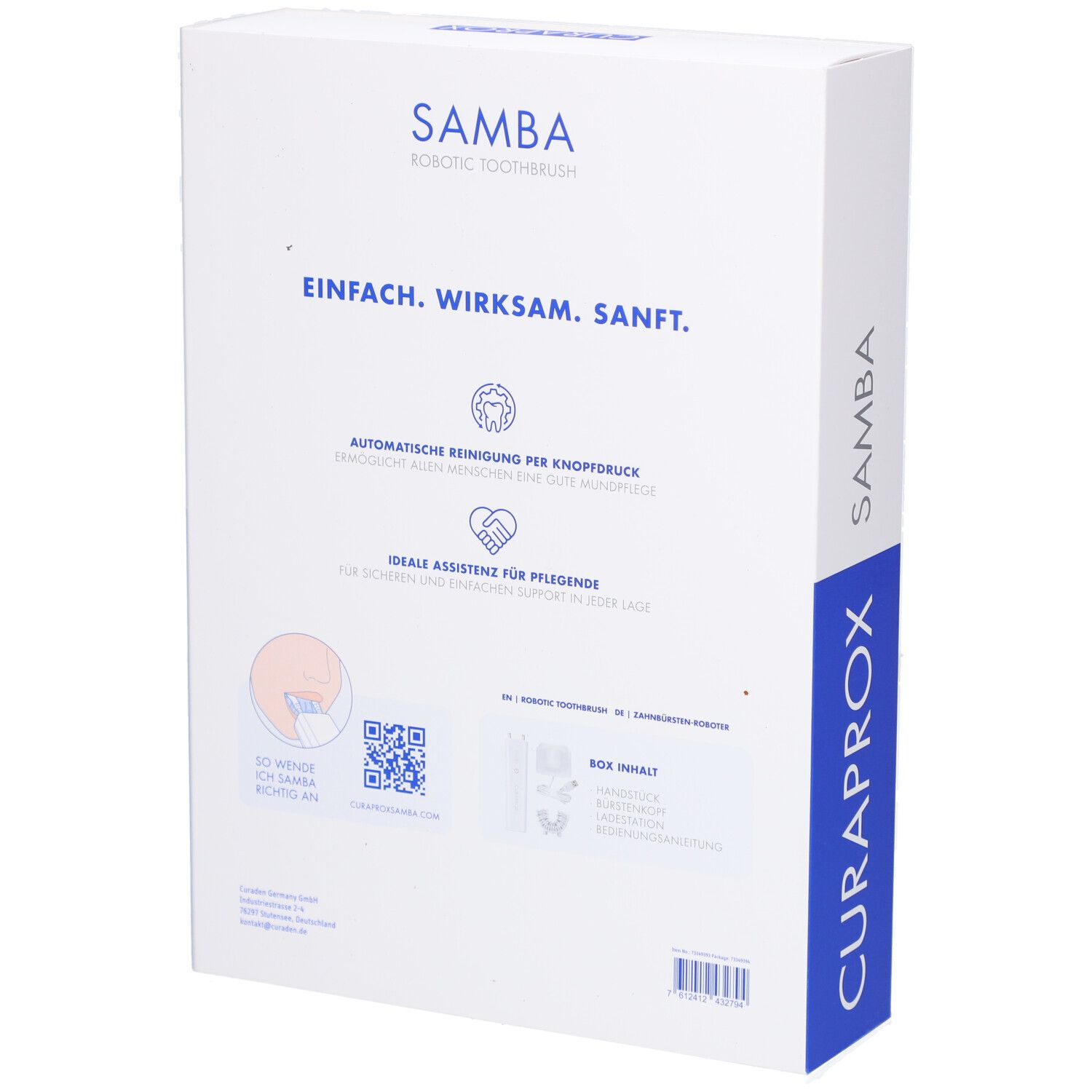 Rückseite der SAMBA Robotic Toothbrush Verpackung. Text mit Produktinformationen und QR-Code. CURAPROX Logo.