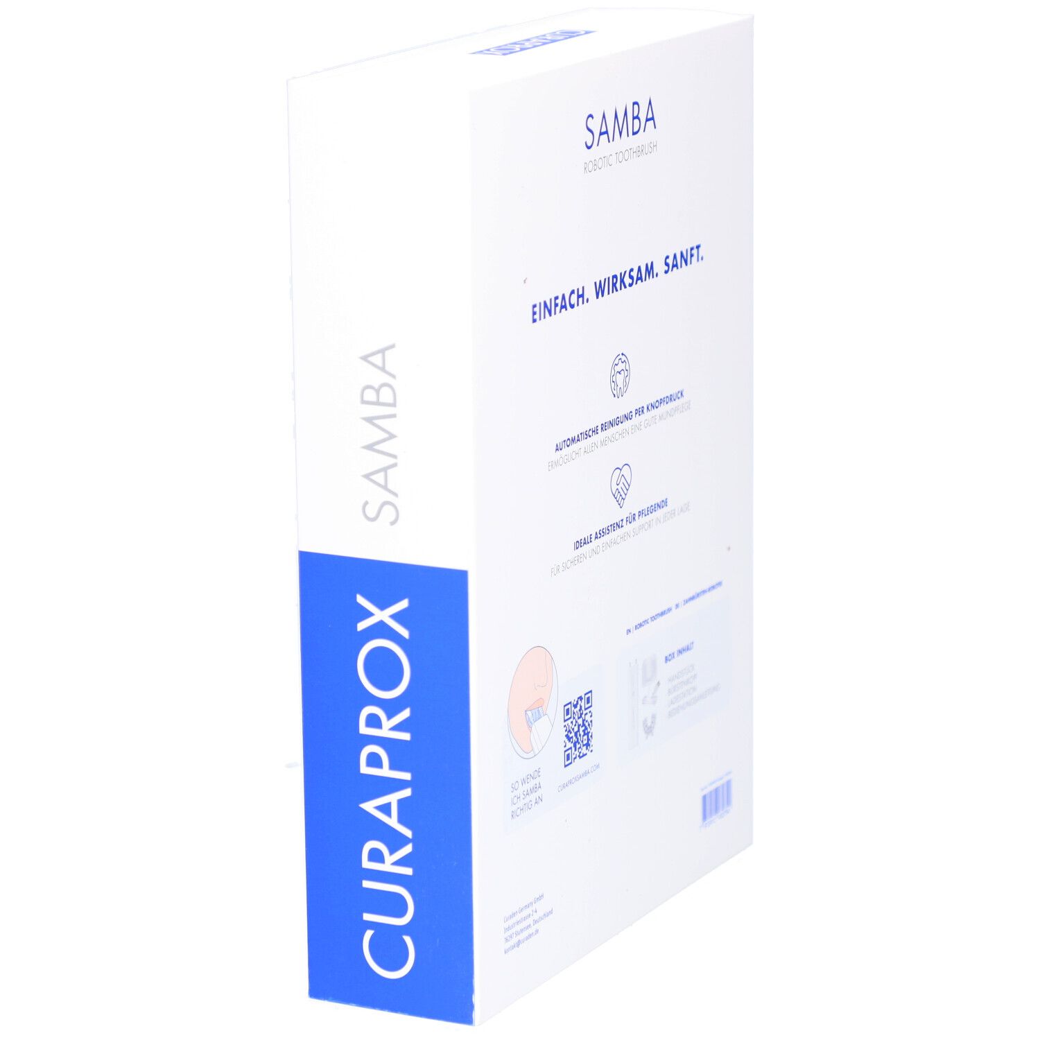 Rückseite der SAMBA Robotic Toothbrush Verpackung. Text mit Produktinformationen und QR-Code. CURAPROX Logo.