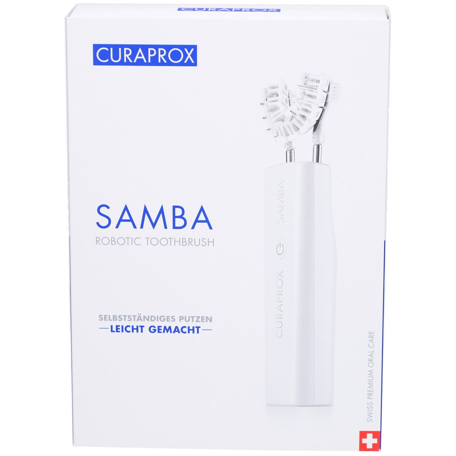 Verpackung der SAMBA Robotic Toothbrush. Weißer Karton mit Produktabbildung und Markennamen CURAPROX.