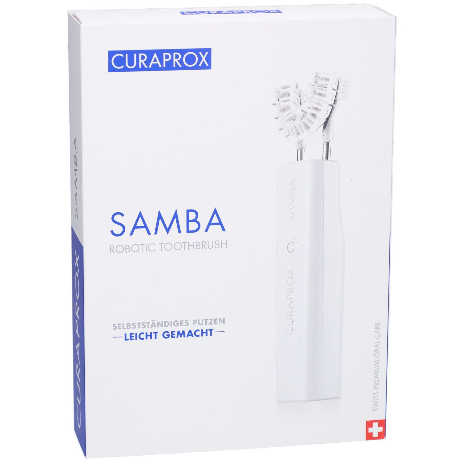 Verpackung der SAMBA Robotic Toothbrush. Weißer Karton mit Produktabbildung und Markennamen CURAPROX.