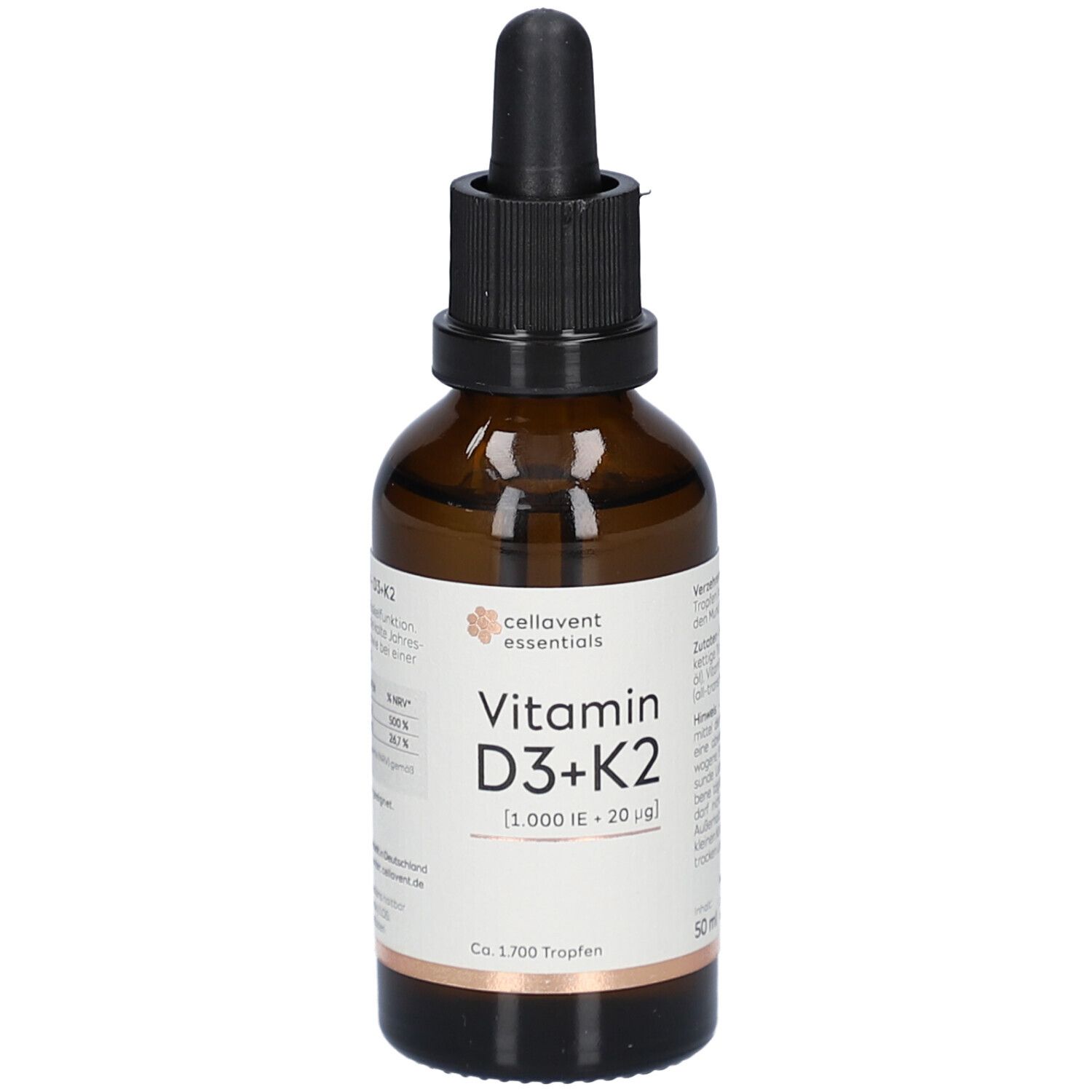 Braune Glasflasche mit schwarzem Tropfer. Beschriftung: cellavent essentials Vitamin D3+K2. 1.000 IE + 20µg.