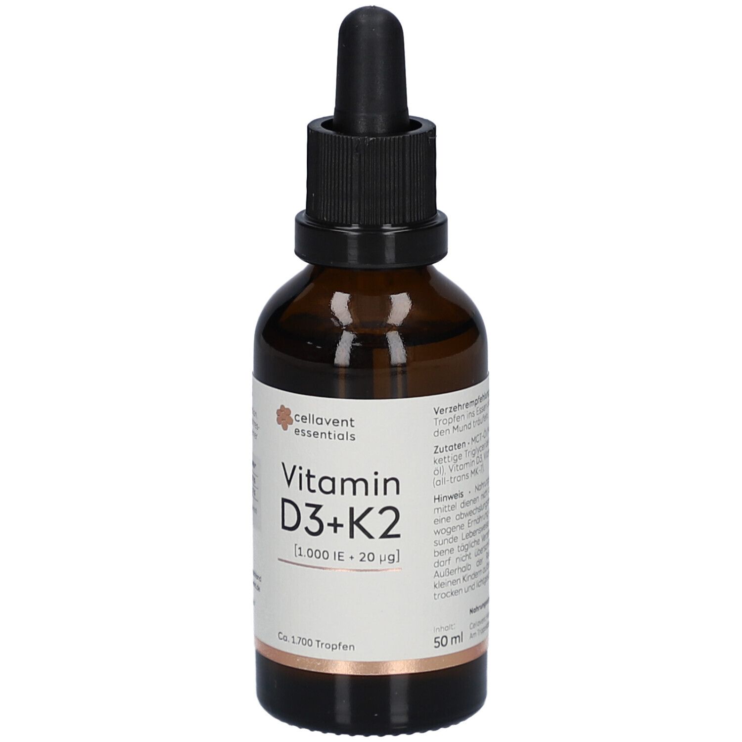 Braune Glasflasche mit schwarzem Tropfer. Beschriftung: cellavent essentials Vitamin D3+K2. 1.000 IE + 20µg.