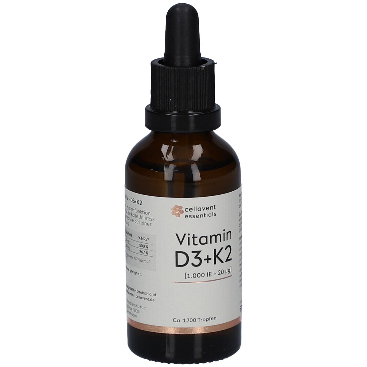 Braune Glasflasche mit schwarzem Tropfer. Beschriftung: cellavent essentials Vitamin D3+K2. 1.000 IE + 20µg.