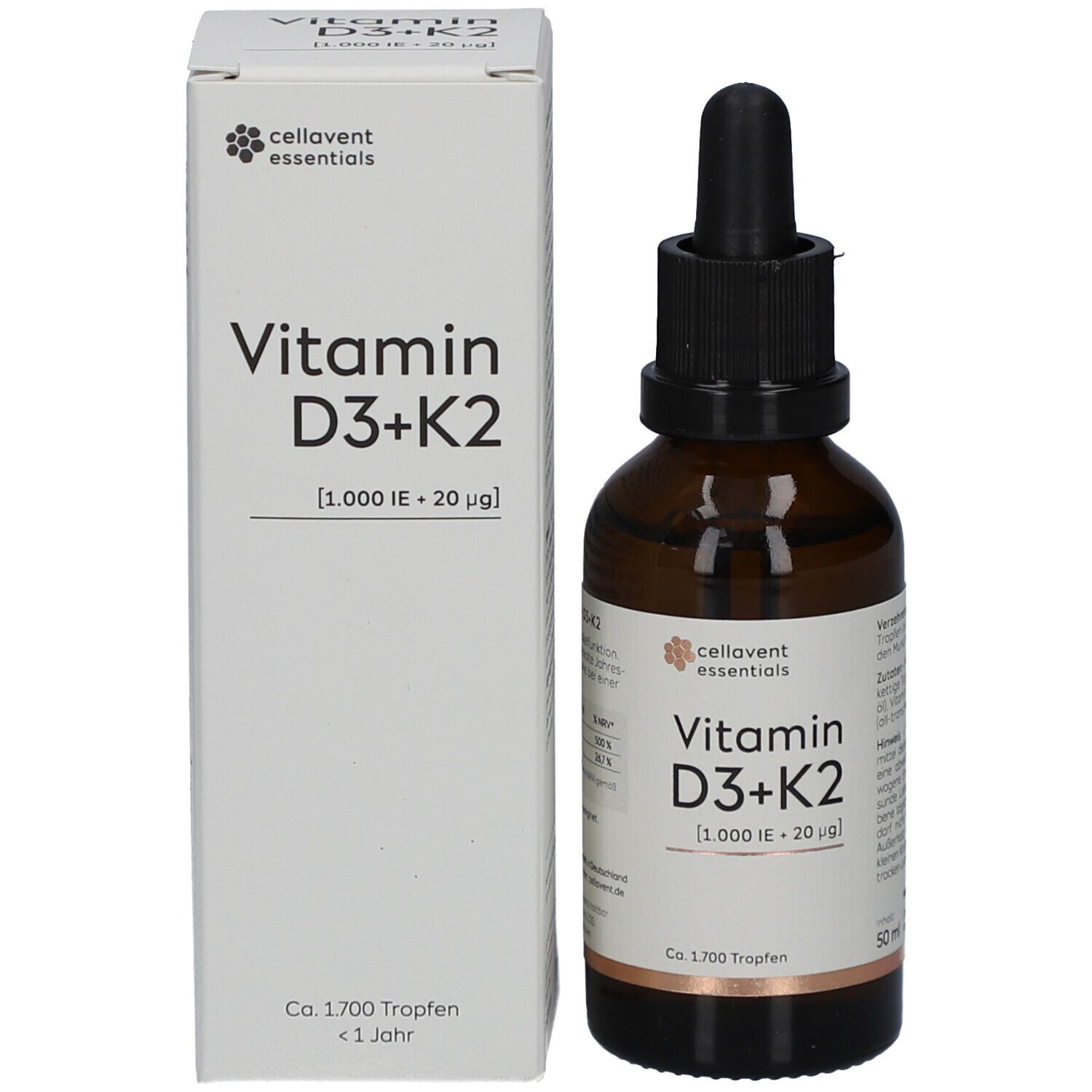 Braune Glasflasche mit schwarzem Tropfer und Karton. Beschriftung: cellavent essentials Vitamin D3+K2. 1.000 IE + 20µg.