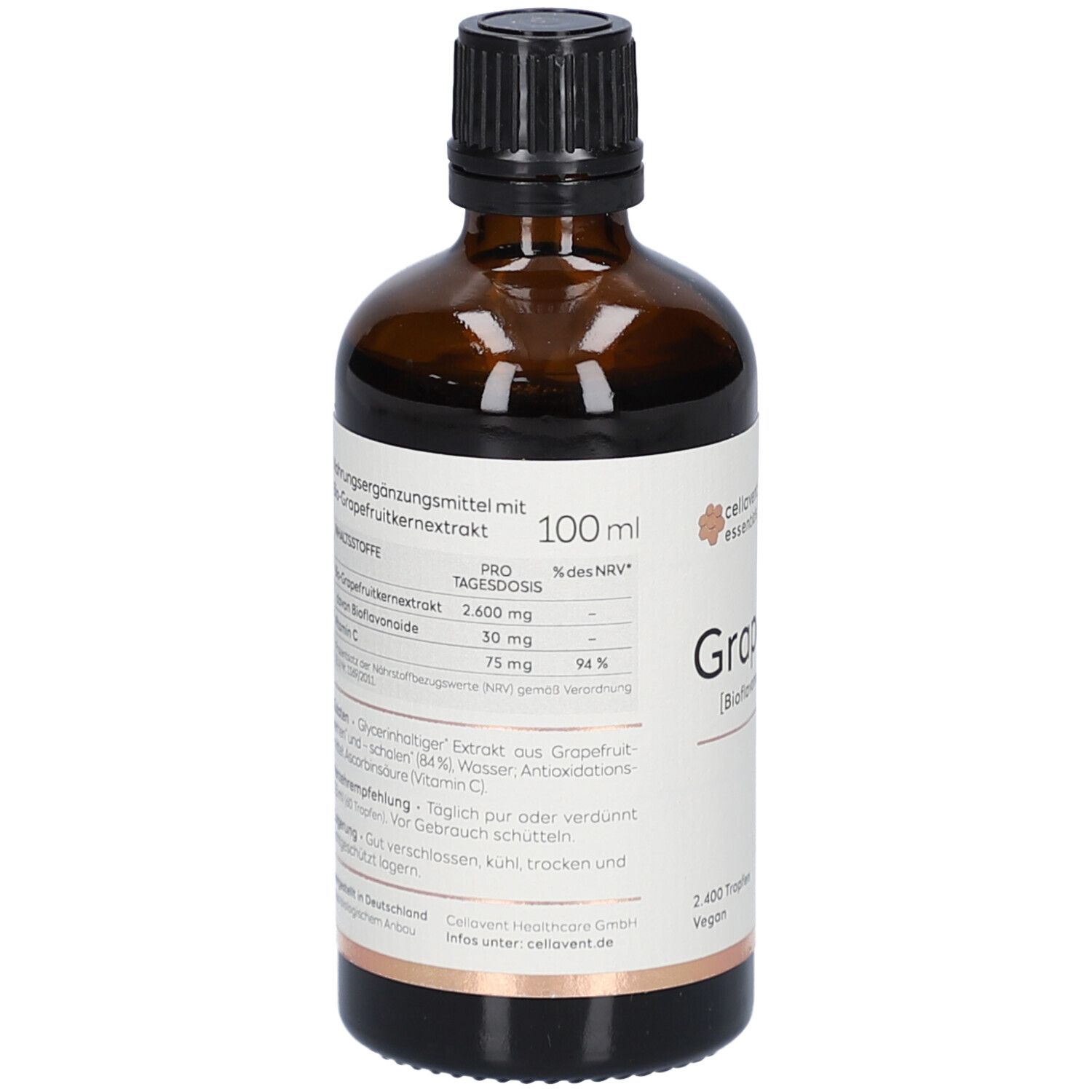Braune Glasflasche mit schwarzem Deckel. Etikett mit Produktinformationen. 100 ml. Cellavent essentials Grapefruit.