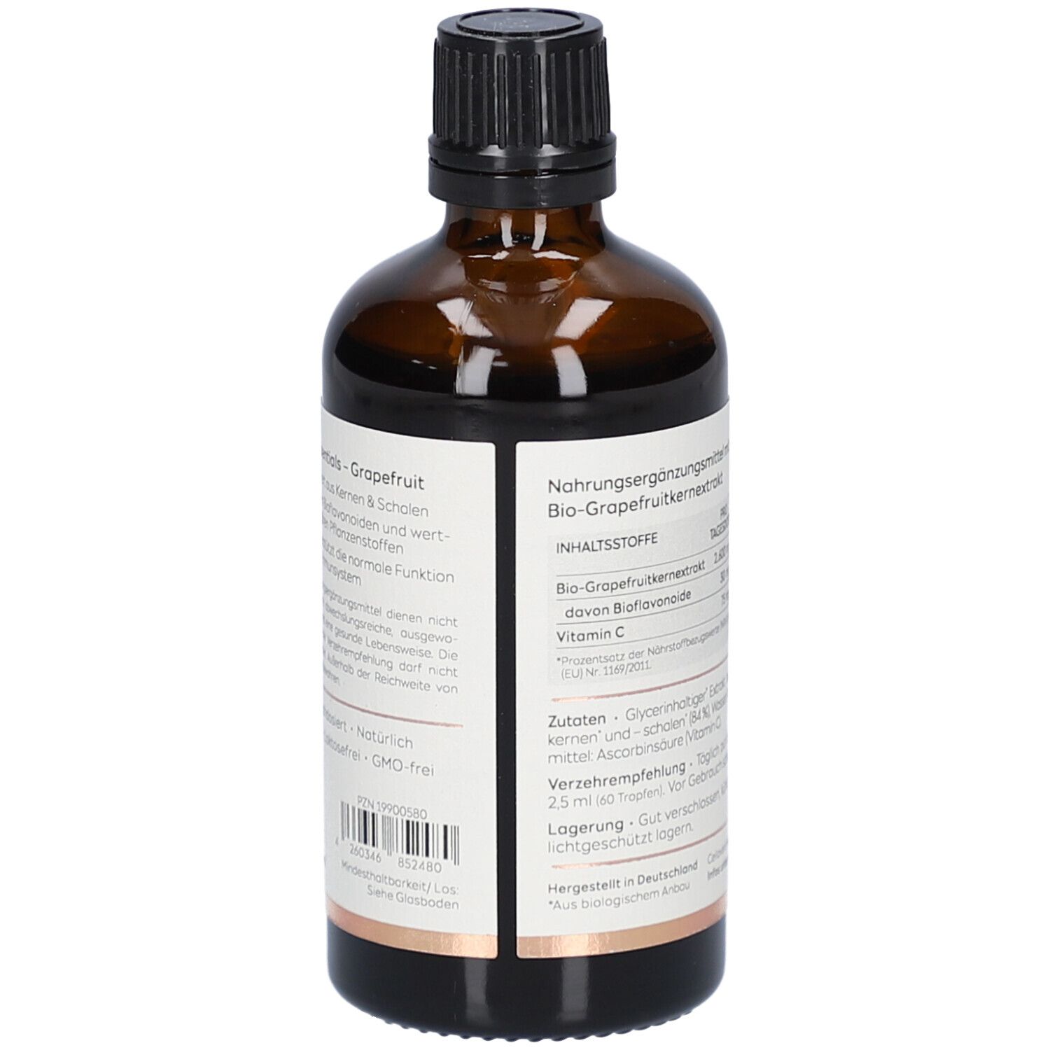 Braune Glasflasche mit schwarzem Deckel. Etikett mit Produktinformationen. Cellavent essentials Grapefruit.