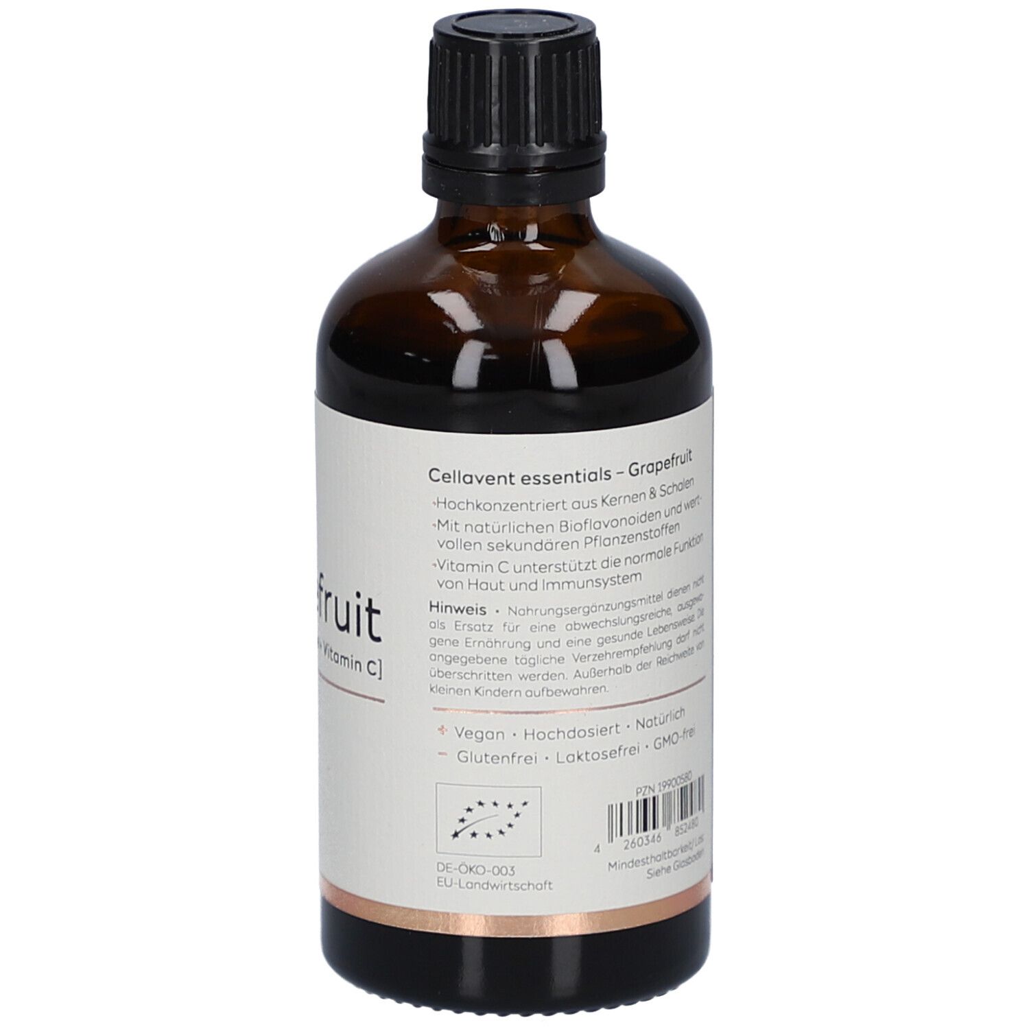 Braune Glasflasche mit schwarzem Deckel. Etikett mit Produktinformationen. Cellavent essentials Grapefruit. Bio-Siegel.