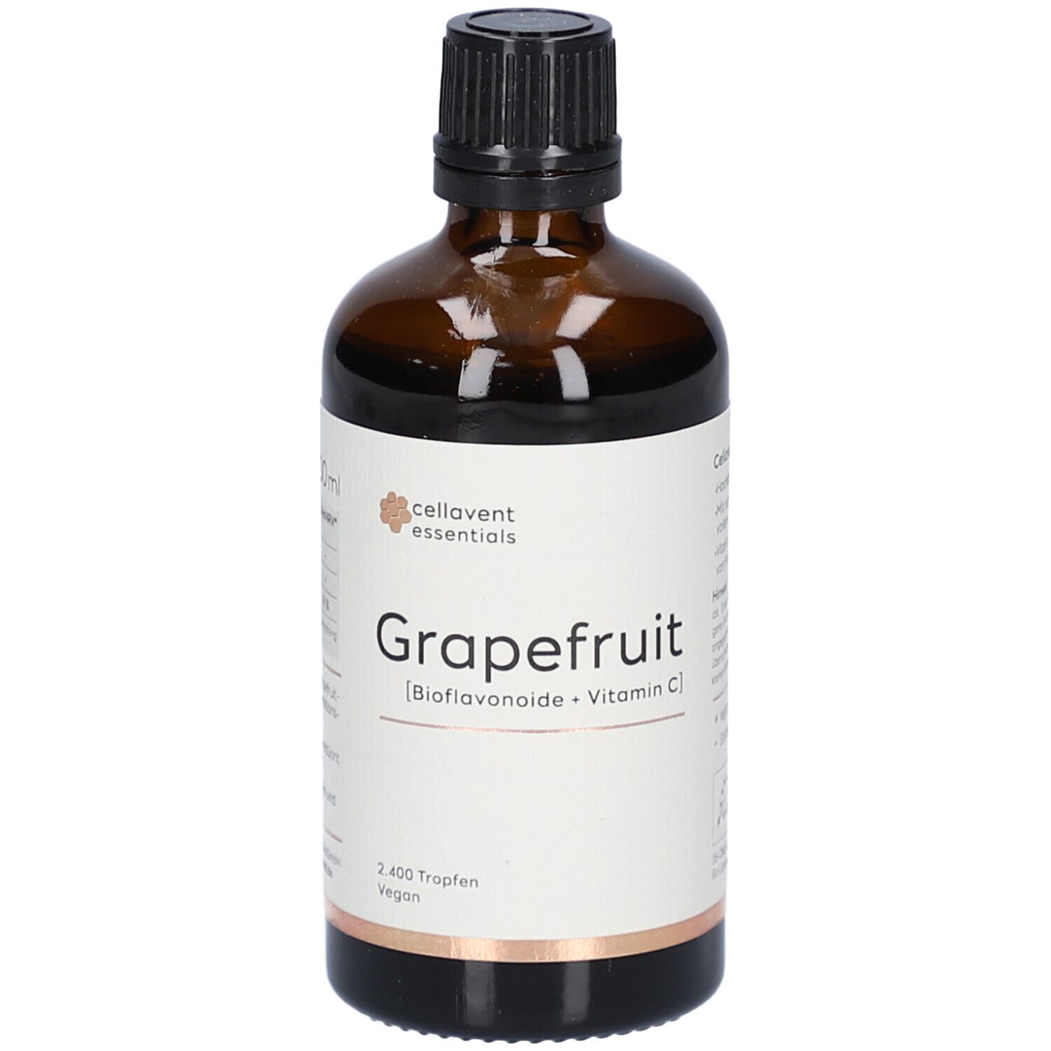 Braune Glasflasche mit schwarzem Deckel. Etikett mit Produktinformationen. Cellavent essentials Grapefruit.