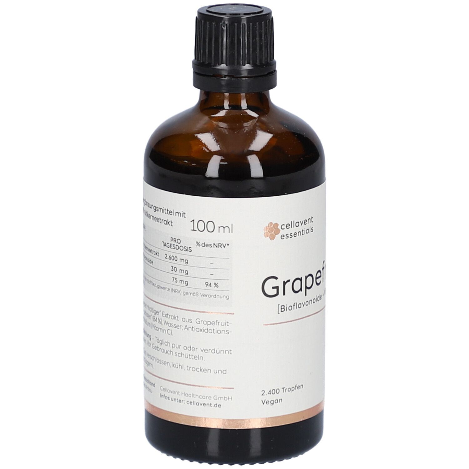 Braune Glasflasche mit schwarzem Deckel. Etikett mit Produktinformationen. 100 ml. Cellavent essentials Grapefruit.