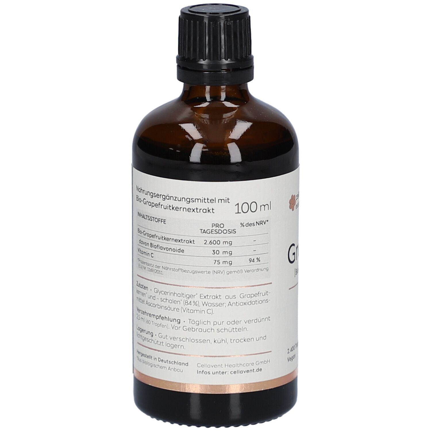 Braune Glasflasche mit schwarzem Deckel. Etikett mit Produktinformationen. 100 ml. Cellavent essentials Grapefruit.