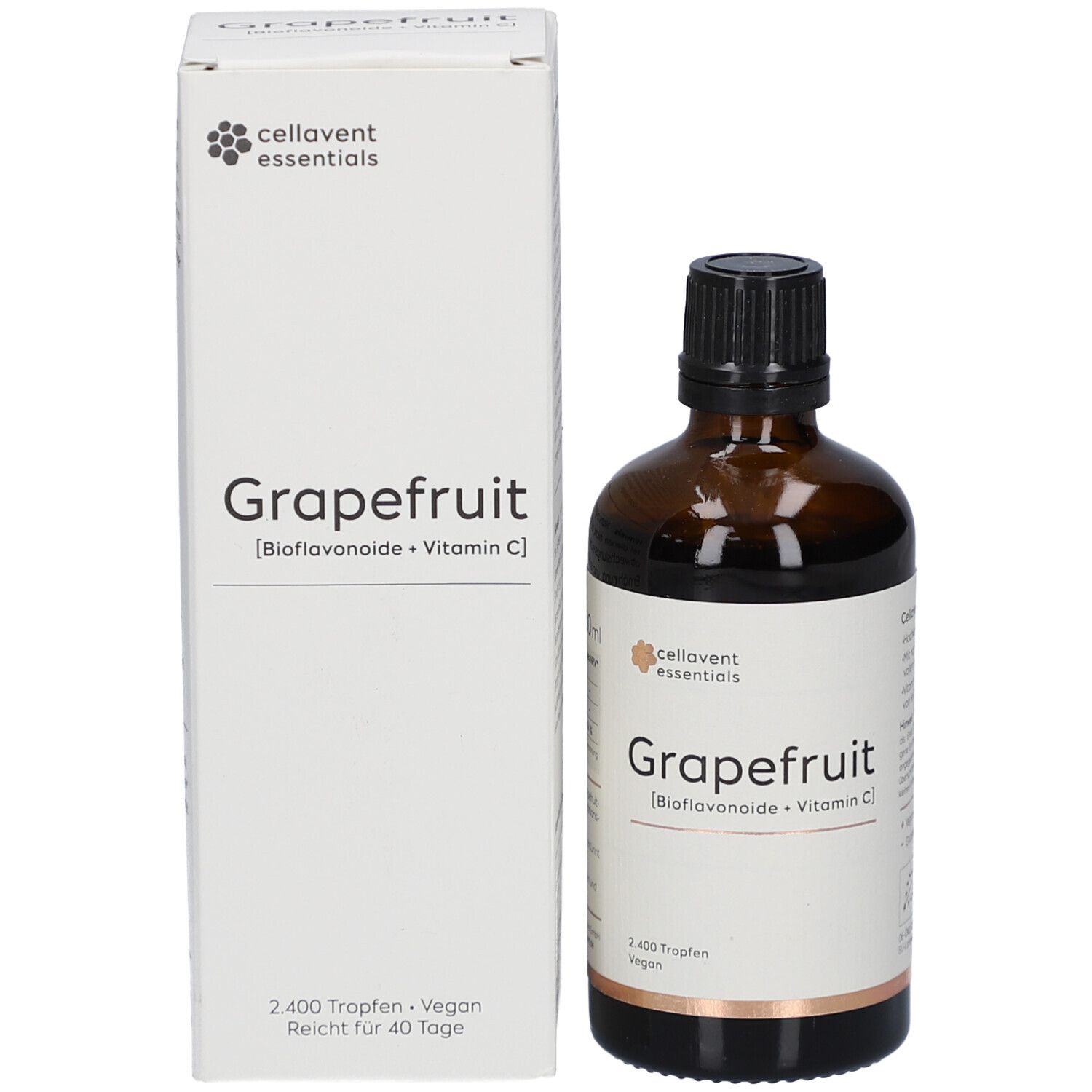 Braune Glasflasche und Karton. Cellavent essentials Grapefruit. 2.400 Tropfen. Vegan. Karton mit Produktinformationen.