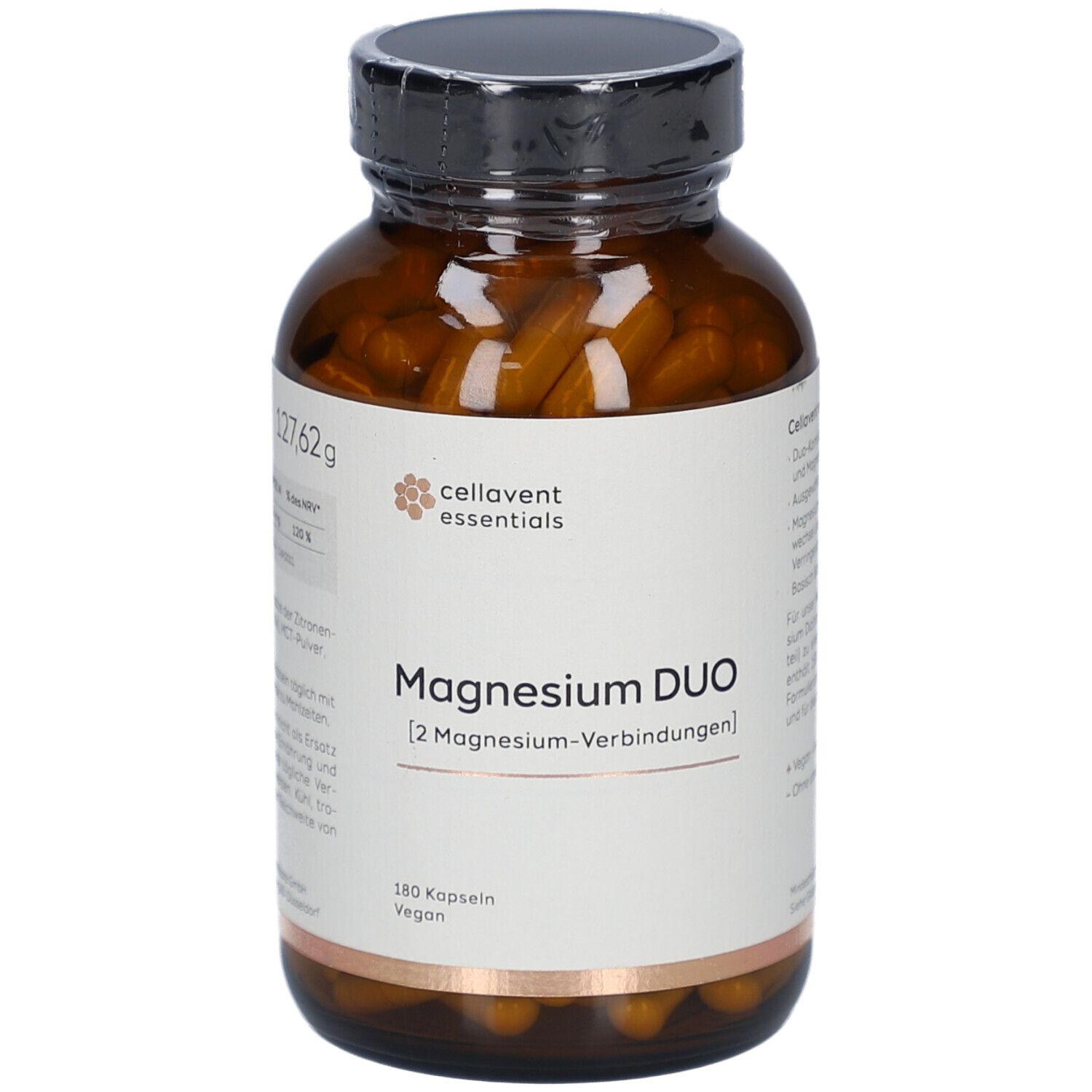 Braune Glasflasche mit CELLAVENT essentials Magnesium DUO Kapseln. Aufschrift: 180 Kapseln, Vegan.