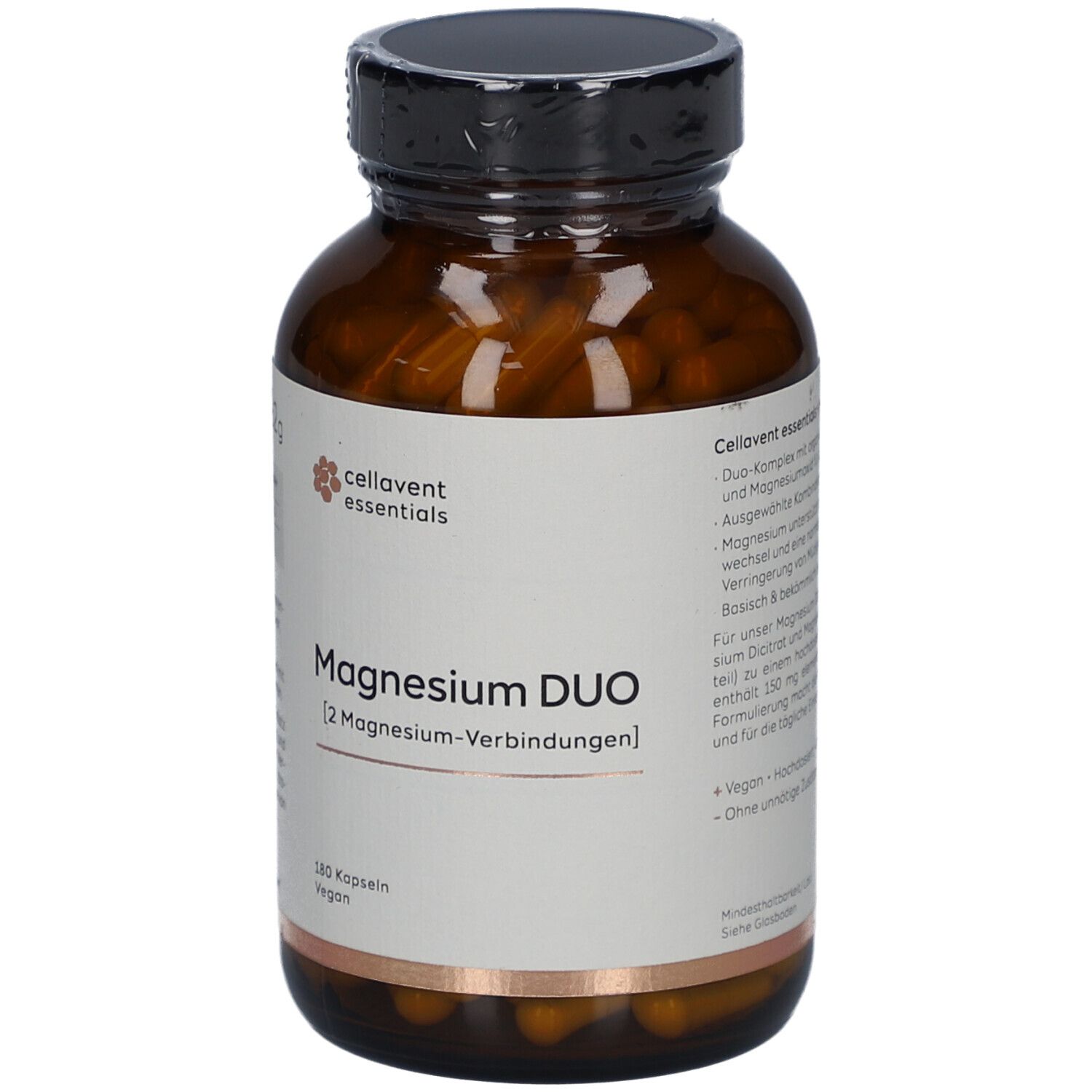 Braune Glasflasche mit CELLAVENT essentials Magnesium DUO Kapseln. Aufschrift und Produktinformationen.