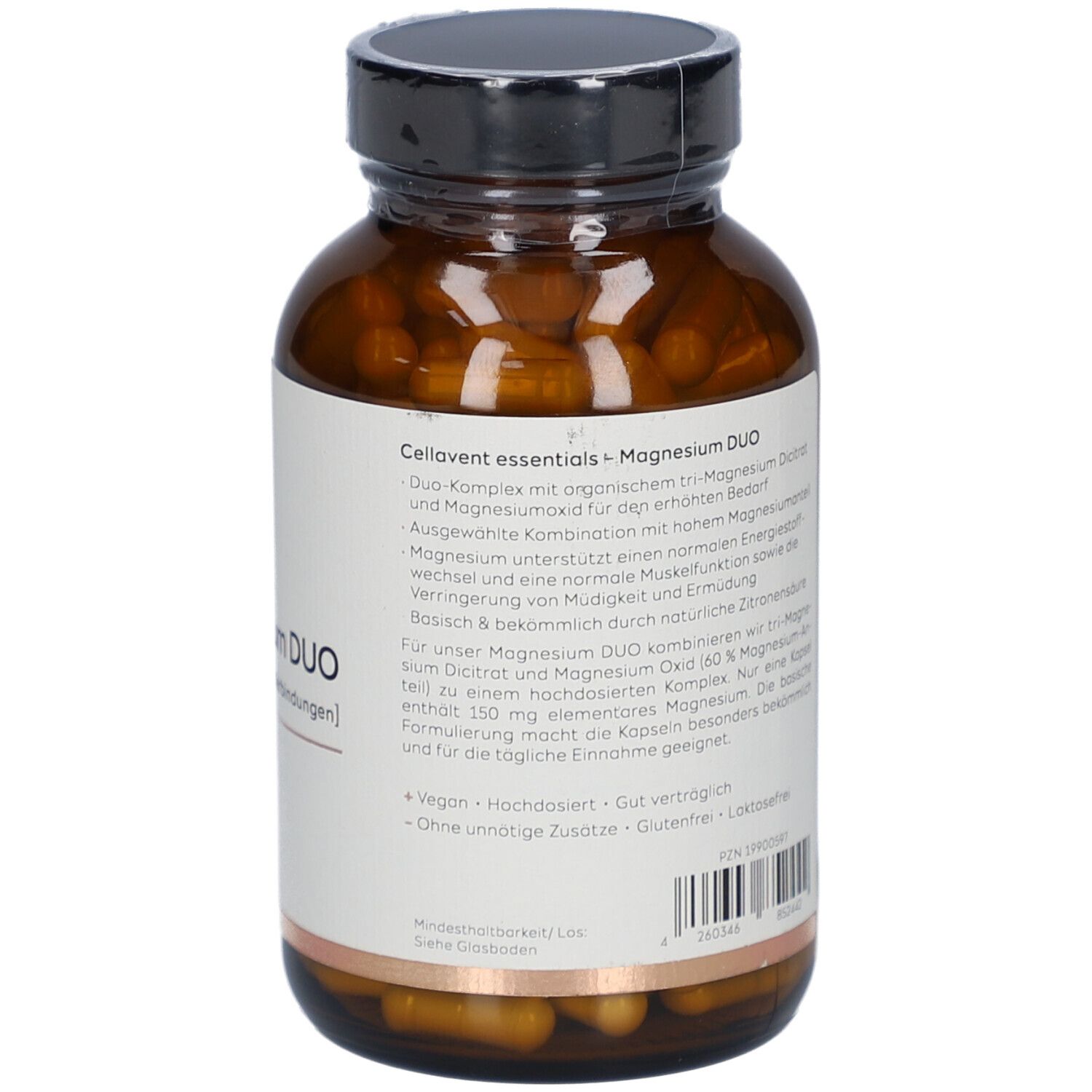 Rückseite der braunen Flasche mit CELLAVENT essentials Magnesium DUO. Text mit Produktinformationen und Inhaltsstoffen.