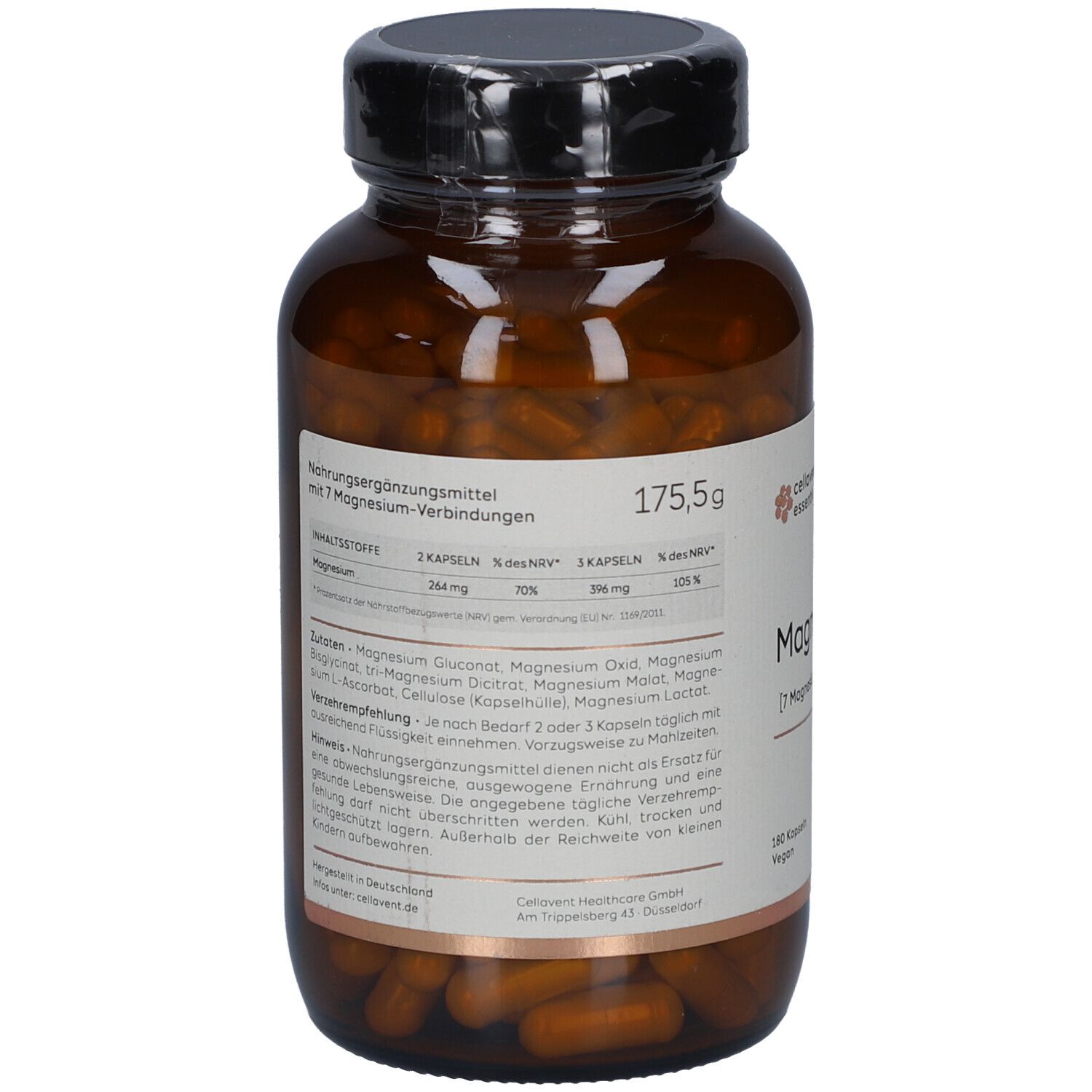 Braune Glasflasche mit Kapseln. Etikett mit Nährwertangaben und Inhaltsstoffen. Aufschrift: Magnesium 7. 180 Kapseln.