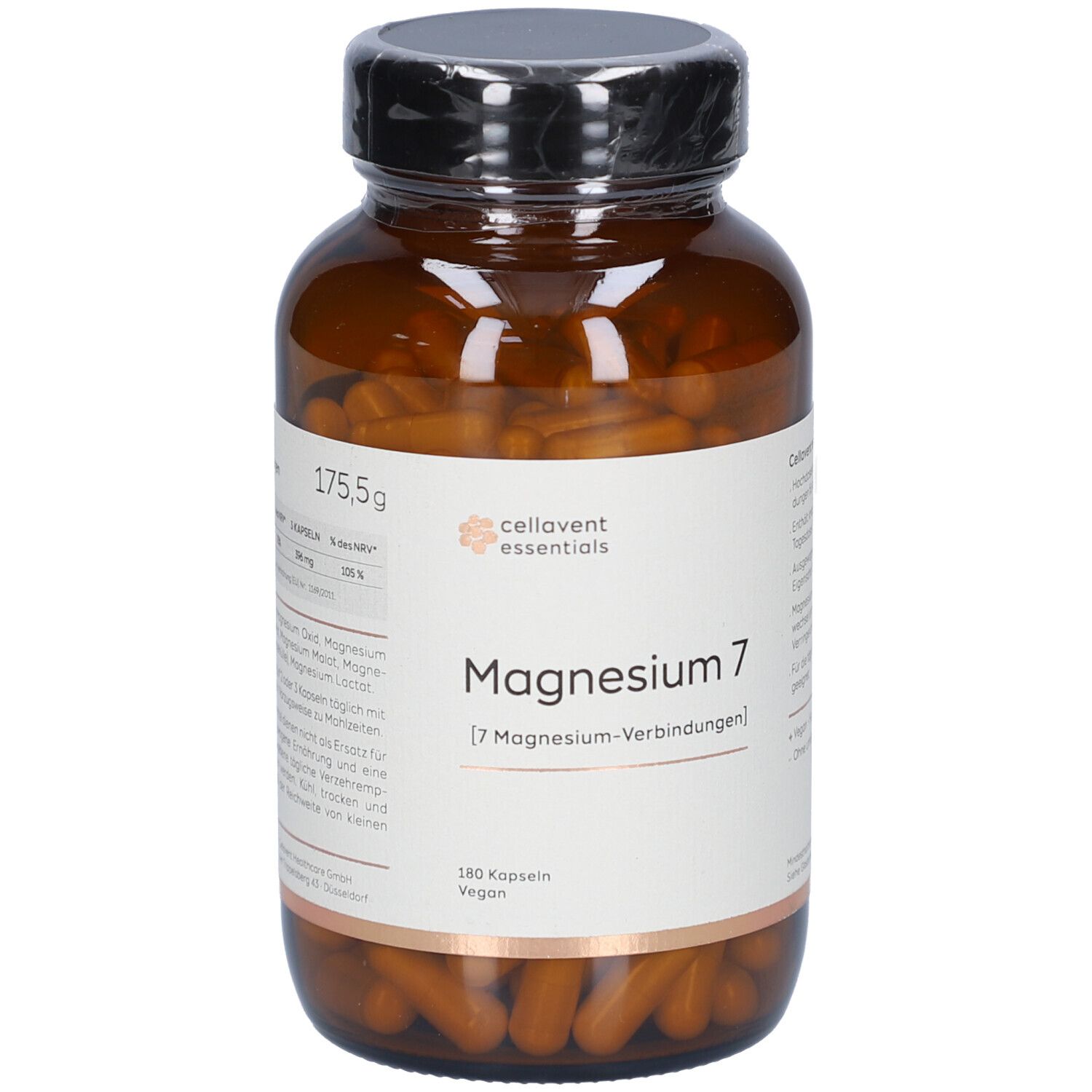 Braune Glasflasche mit Kapseln. Aufschrift: cellavent essentials Magnesium 7. 180 Kapseln, vegan. Gewicht: 175,5g.
