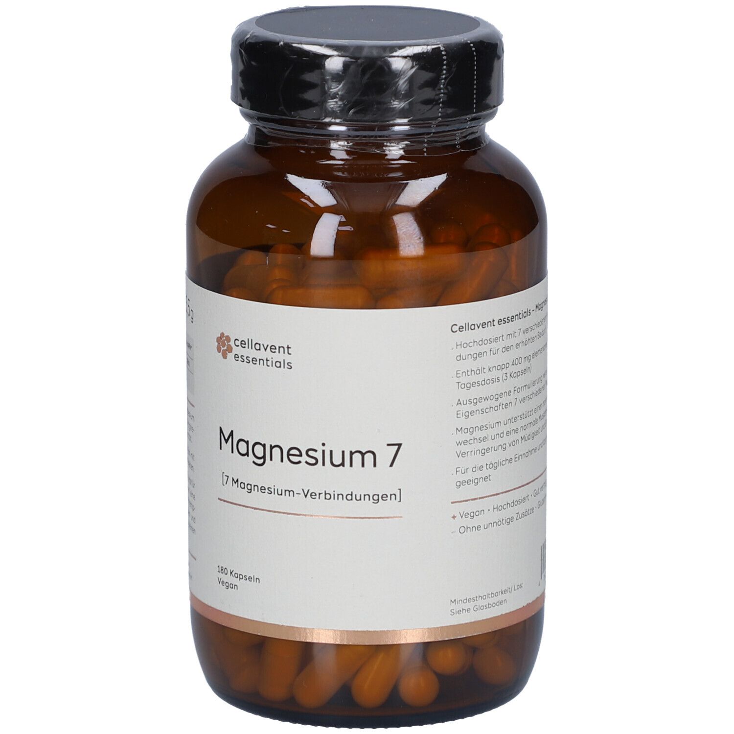 Braune Glasflasche mit Kapseln. Aufschrift: cellavent essentials Magnesium 7. 180 Kapseln, vegan. Text auf Etikett.