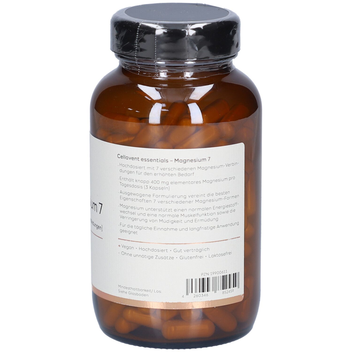 Braune Glasflasche mit Kapseln. Aufschrift: Magnesium 7. Text auf Etikett. Vegan, glutenfrei, laktosefrei. 180 Kapseln.
