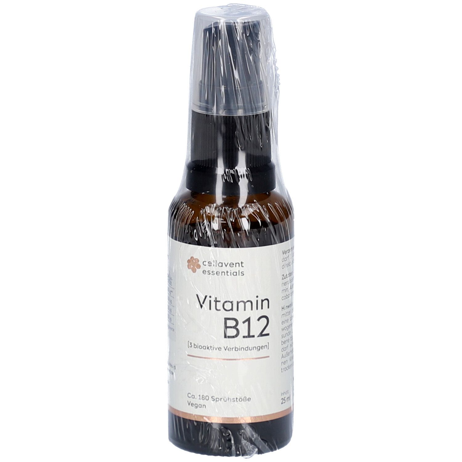 Braune Glasflasche mit Sprühkopf, CELLAVENT essentials Vitamin B12. Etikett mit Produktinformationen. Vegan.