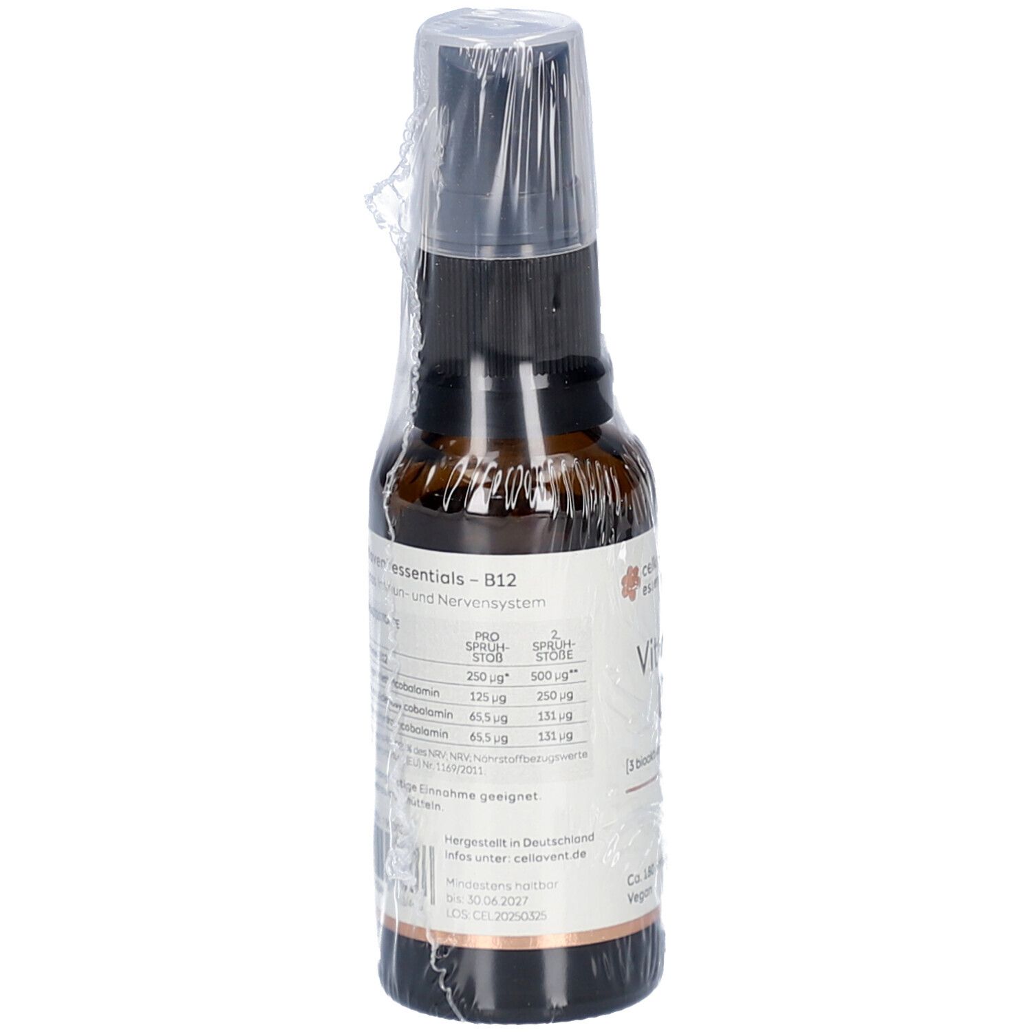 Braune Glasflasche mit Sprühkopf, CELLAVENT essentials Vitamin B12. Rückseite mit Nährwertangaben. Vegan.