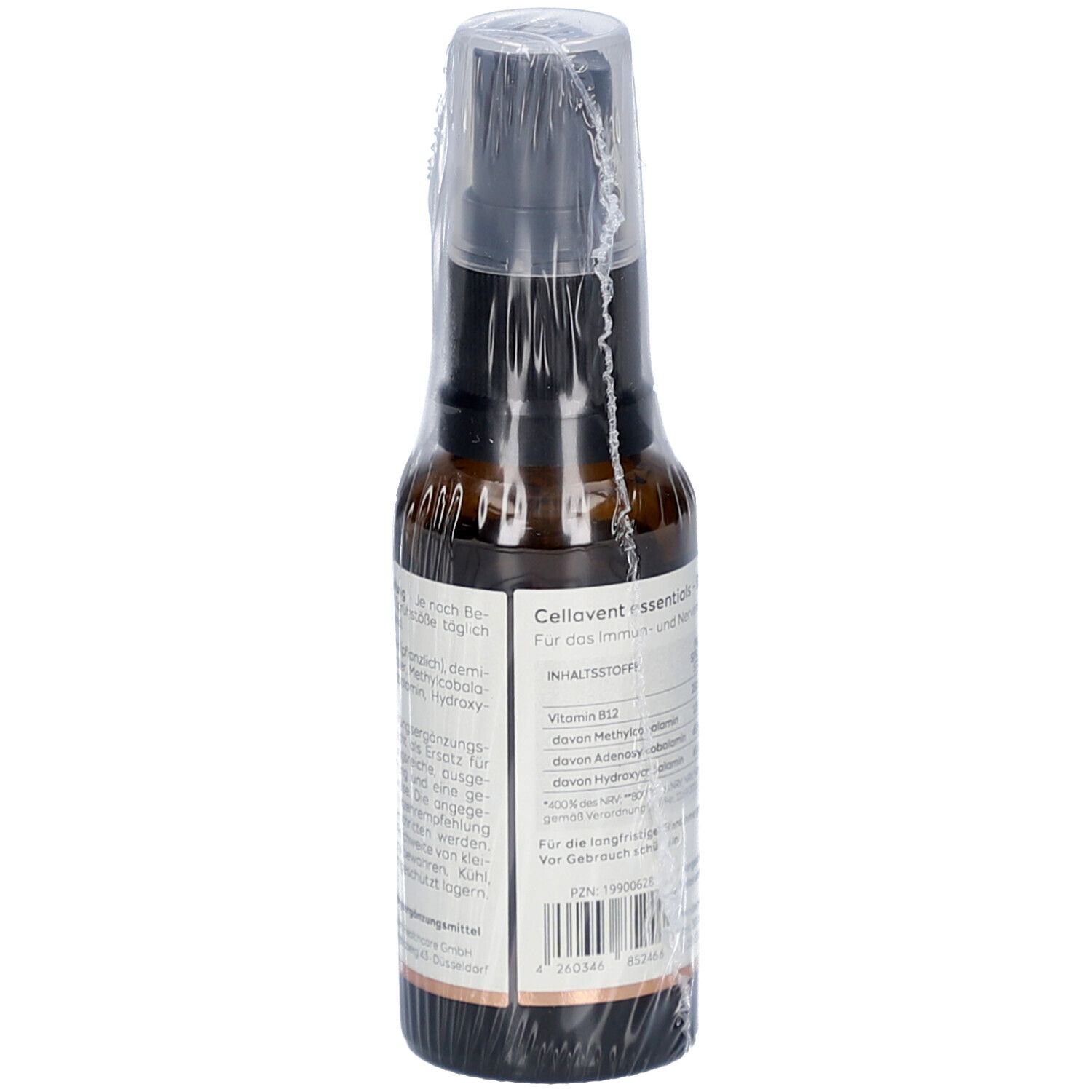 Braune Glasflasche mit Sprühkopf, CELLAVENT essentials Vitamin B12. Rückseite mit Inhaltsstoffen. Vegan.