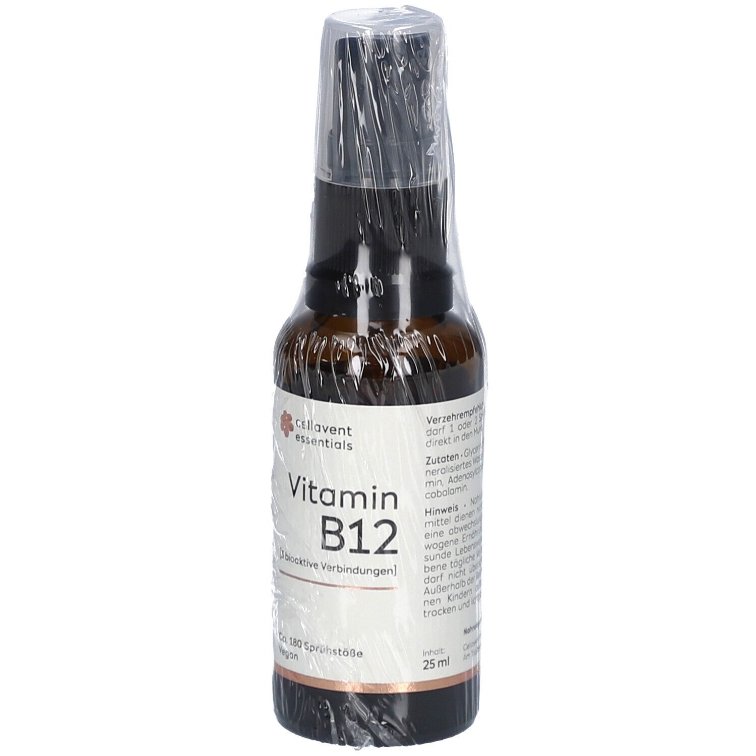 Braune Glasflasche mit Sprühkopf, CELLAVENT essentials Vitamin B12. Etikett mit Produktinformationen. Vegan.
