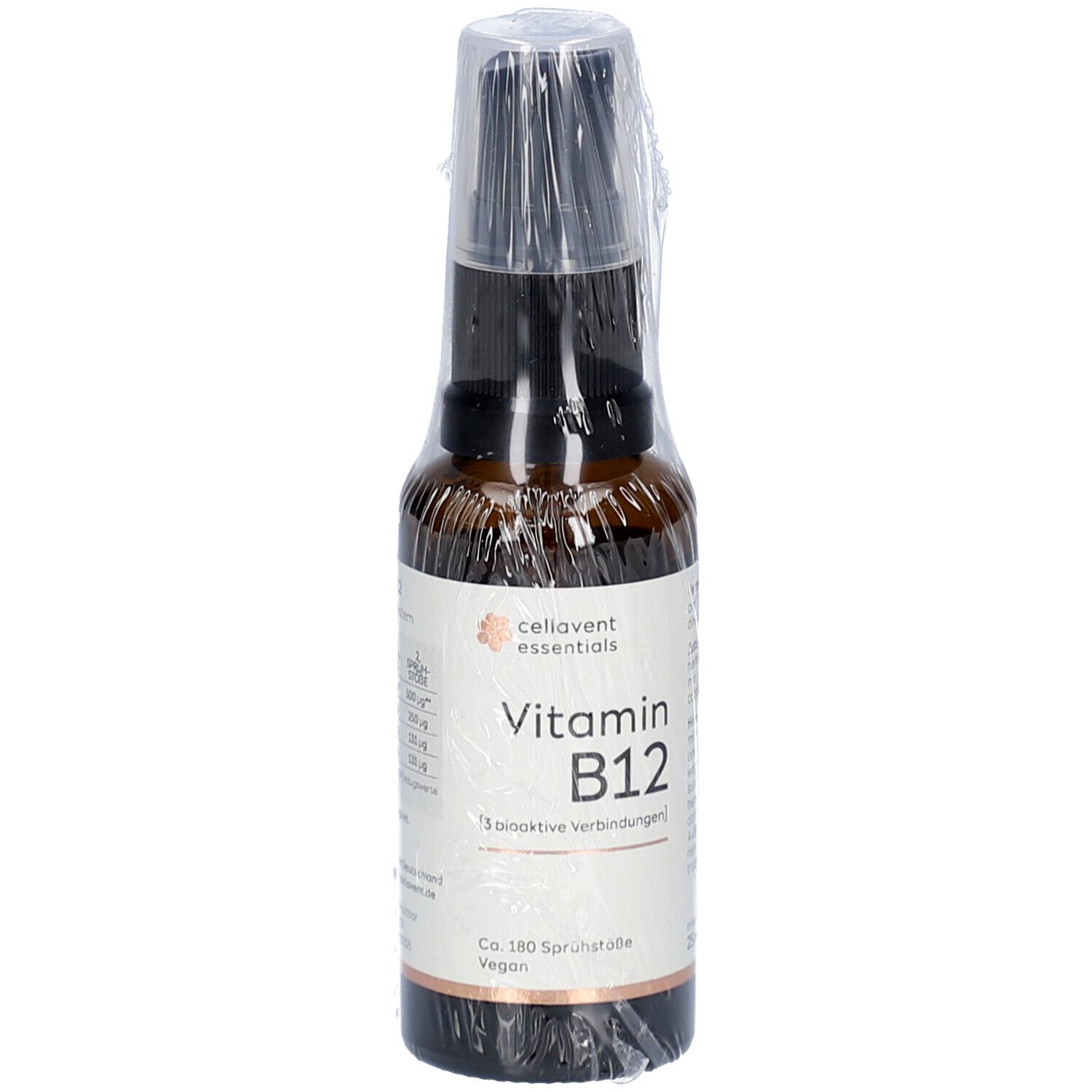 Braune Glasflasche mit Sprühkopf, CELLAVENT essentials Vitamin B12. Etikett mit Produktinformationen. Vegan.