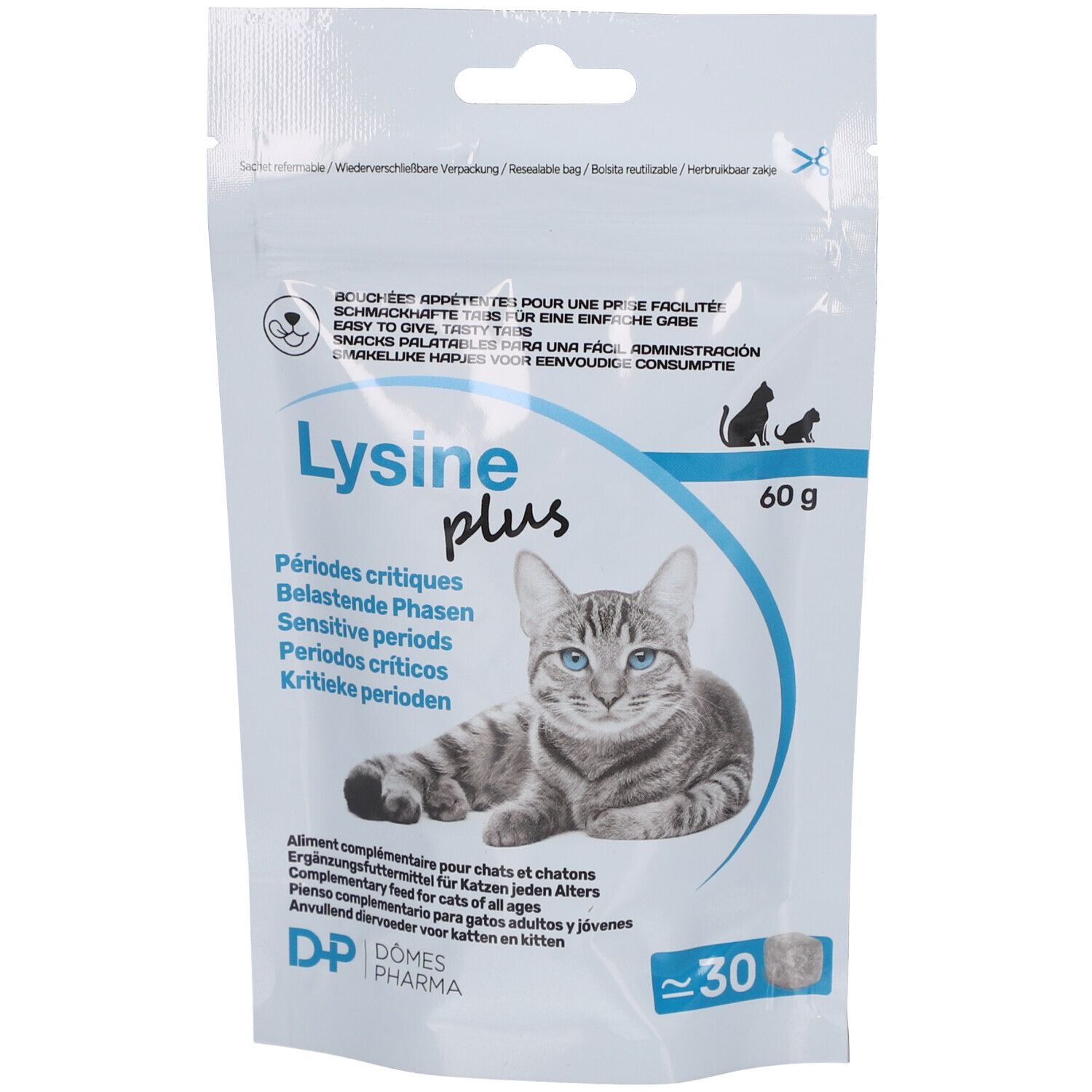 Beutel mit "Lysine plus"-Tabs für Katzen. Abbildung einer Katze. Text in mehreren Sprachen, 60g.