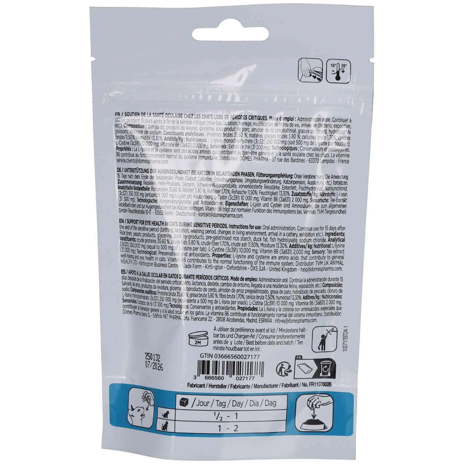 Rückseite der "Lysine plus"-Verpackung. Text mit Inhaltsstoffen und Anwendungshinweisen in mehreren Sprachen.