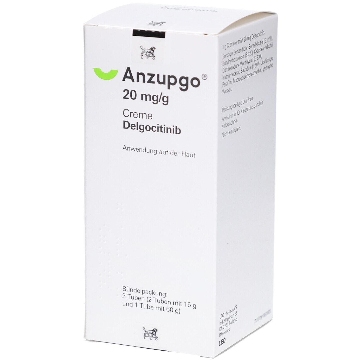 Weiße Faltschachtel mit Produktinformationen. Aufdruck: Anzupgo 20 mg/g Creme, Delgocitinib. Bündelpackung mit 3 Tuben.