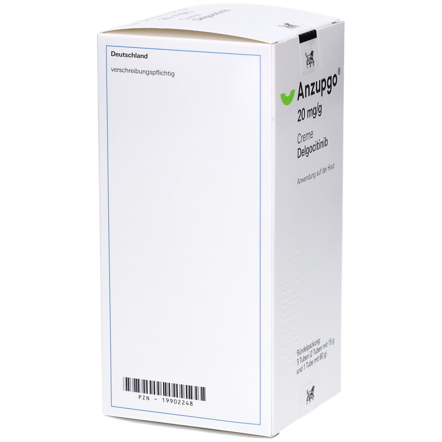 Weiße Faltschachtel mit Produktinformationen. Aufdruck: Deutschland, verschreibungspflichtig. Barcode und PZN-Nummer.