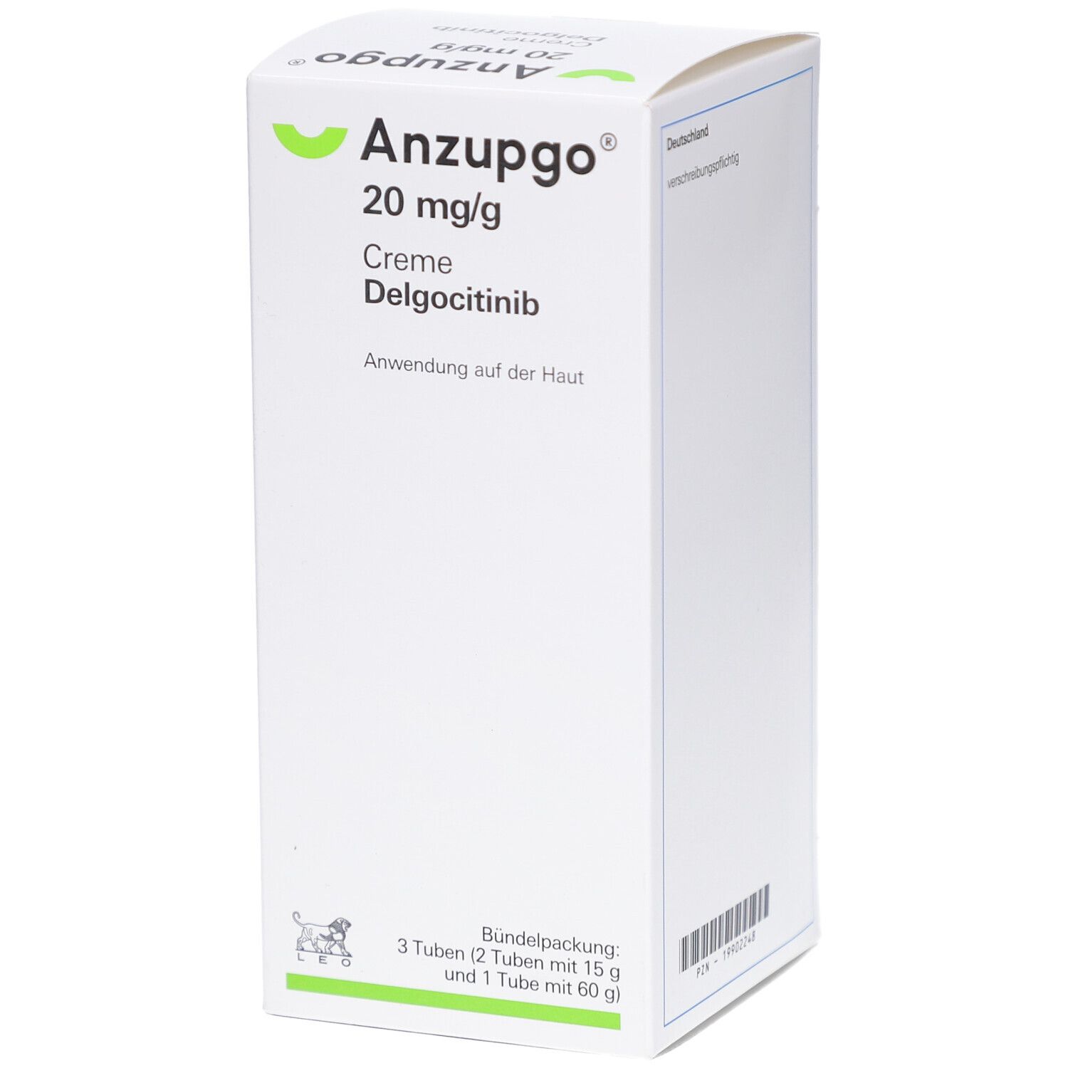 Weiße Faltschachtel mit Produktinformationen. Aufdruck: Anzupgo 20 mg/g Creme, Delgocitinib. Bündelpackung mit 3 Tuben.
