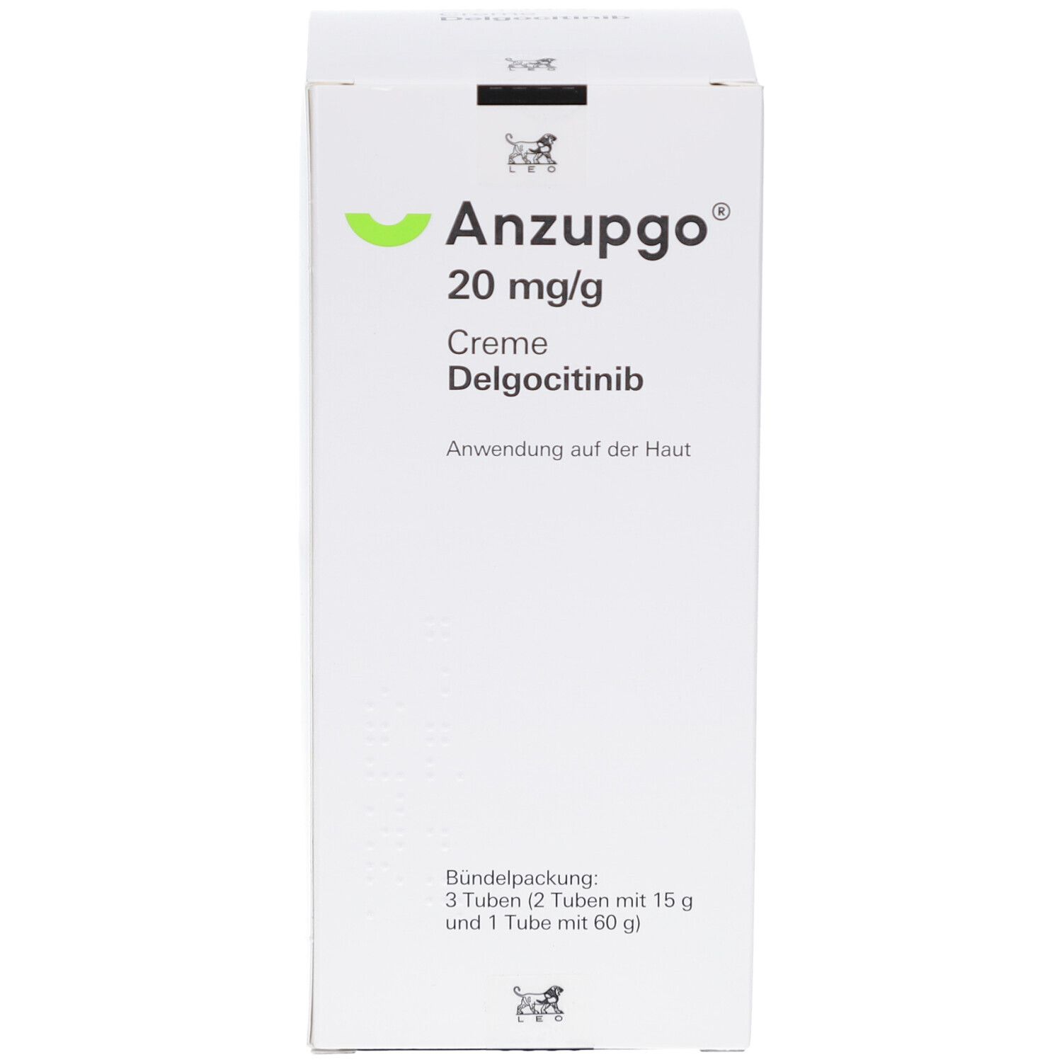 Weiße Faltschachtel mit Produktinformationen. Aufdruck: Anzupgo 20 mg/g Creme, Delgocitinib. Bündelpackung mit 3 Tuben.