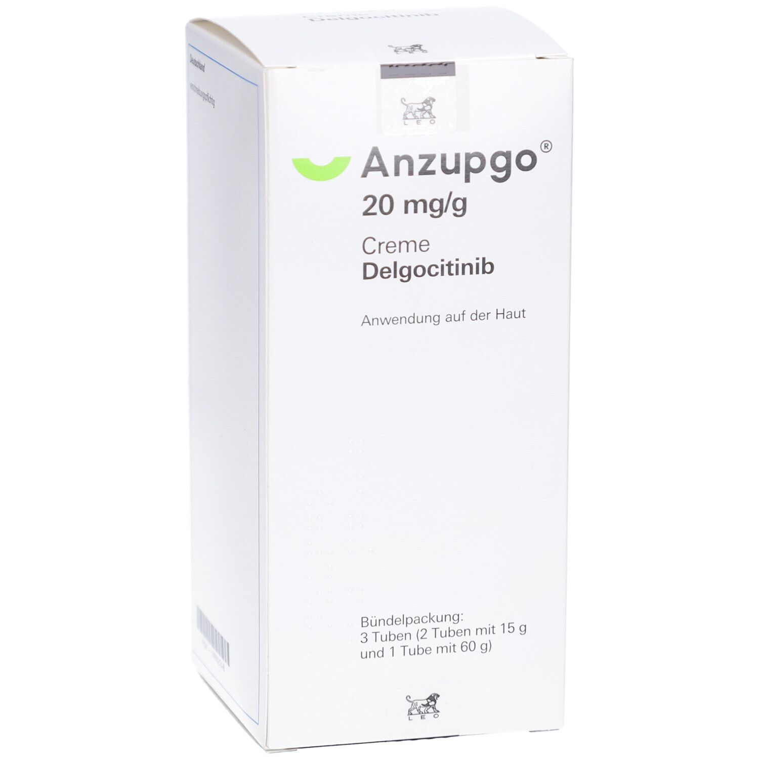 Weiße Faltschachtel mit Produktinformationen. Aufdruck: Anzupgo 20 mg/g Creme, Delgocitinib. Bündelpackung mit 3 Tuben.