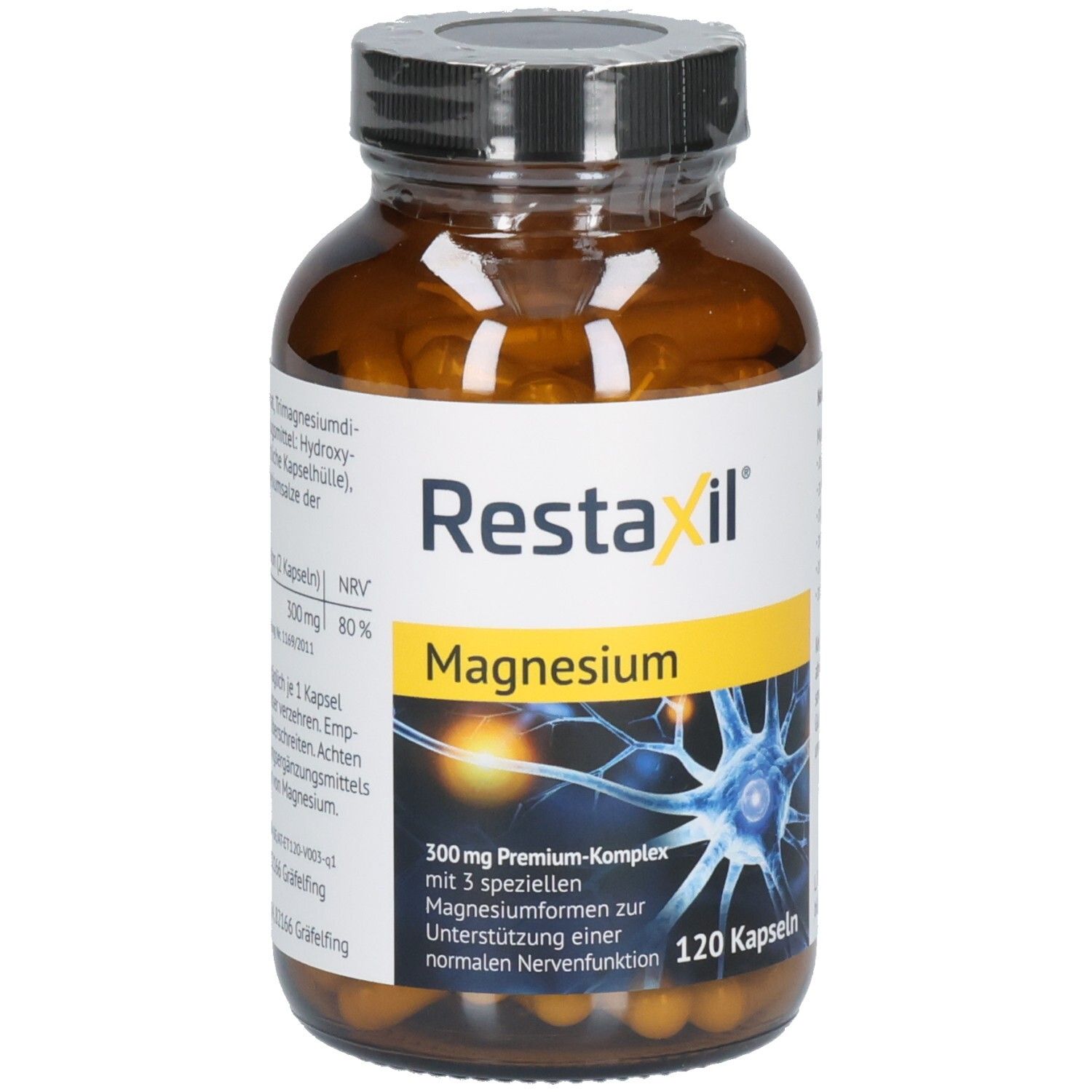 Braune Glasflasche mit Kapseln. Aufkleber mit "Restaxil Magnesium". 120 Kapseln. Gelber Akzent.