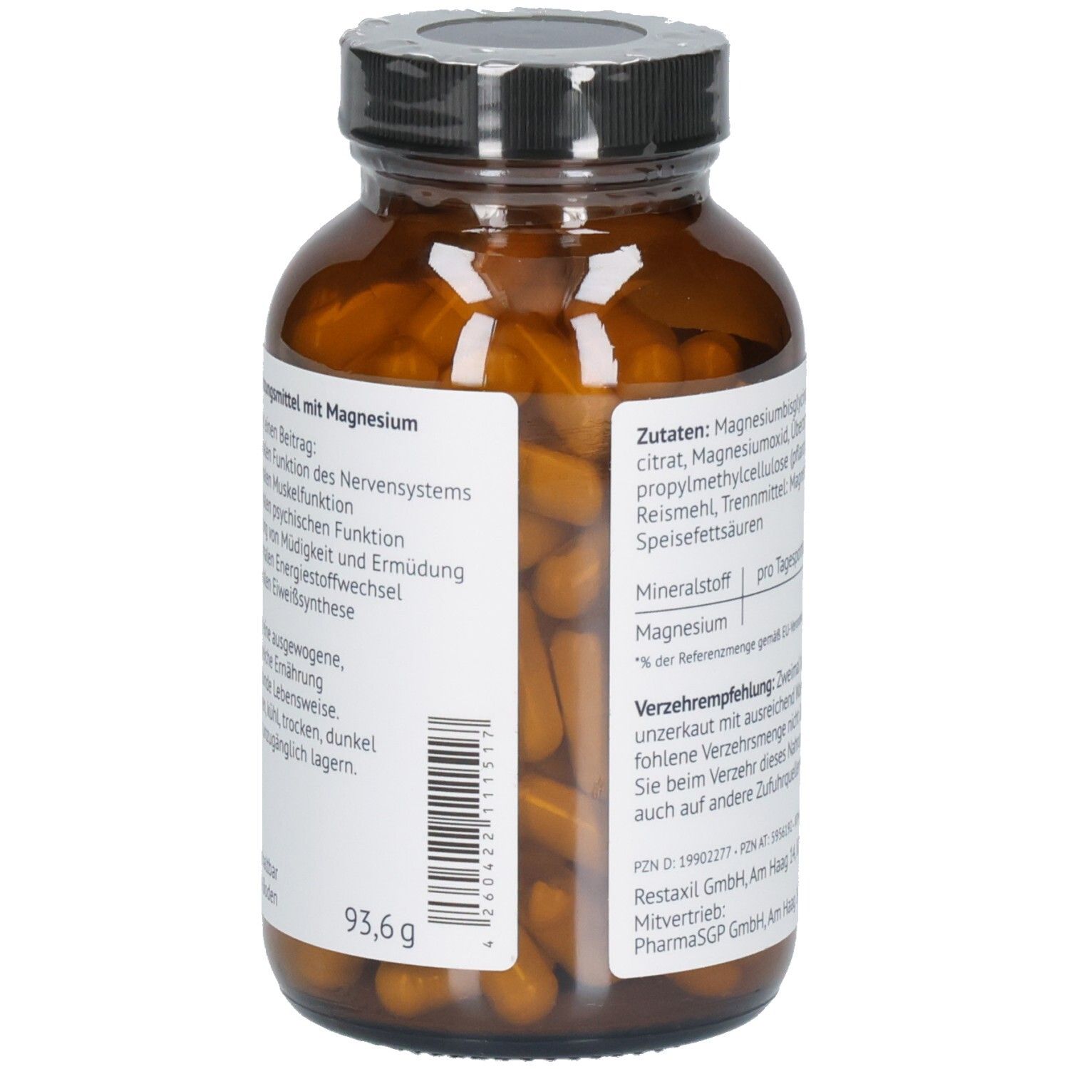 Braune Glasflasche mit Kapseln. Etikett mit Informationen zu Magnesium. Schwarzer Deckel.