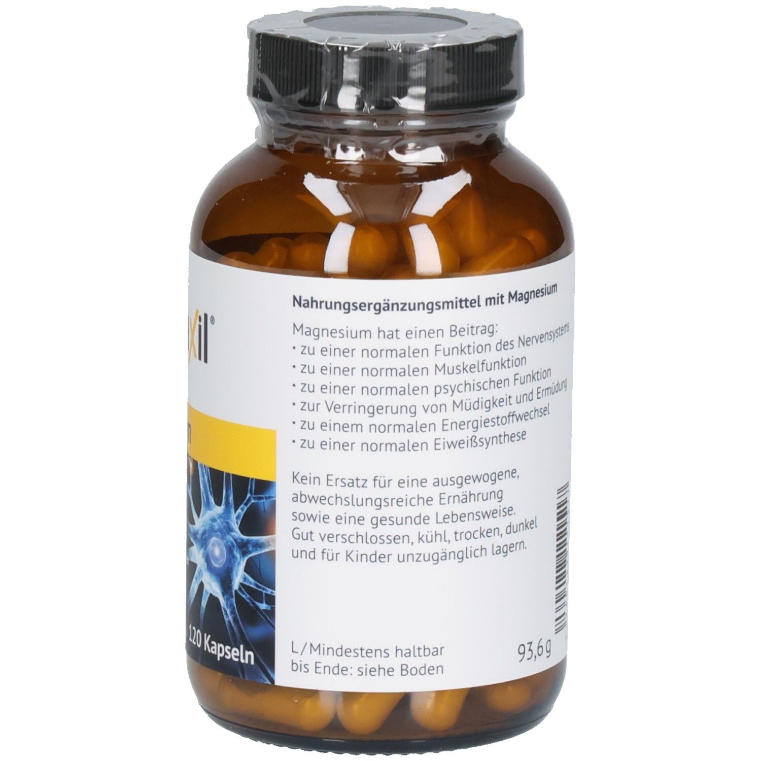 Braune Glasflasche mit Kapseln. Etikett mit Informationen zu Magnesium. Schwarzer Deckel.