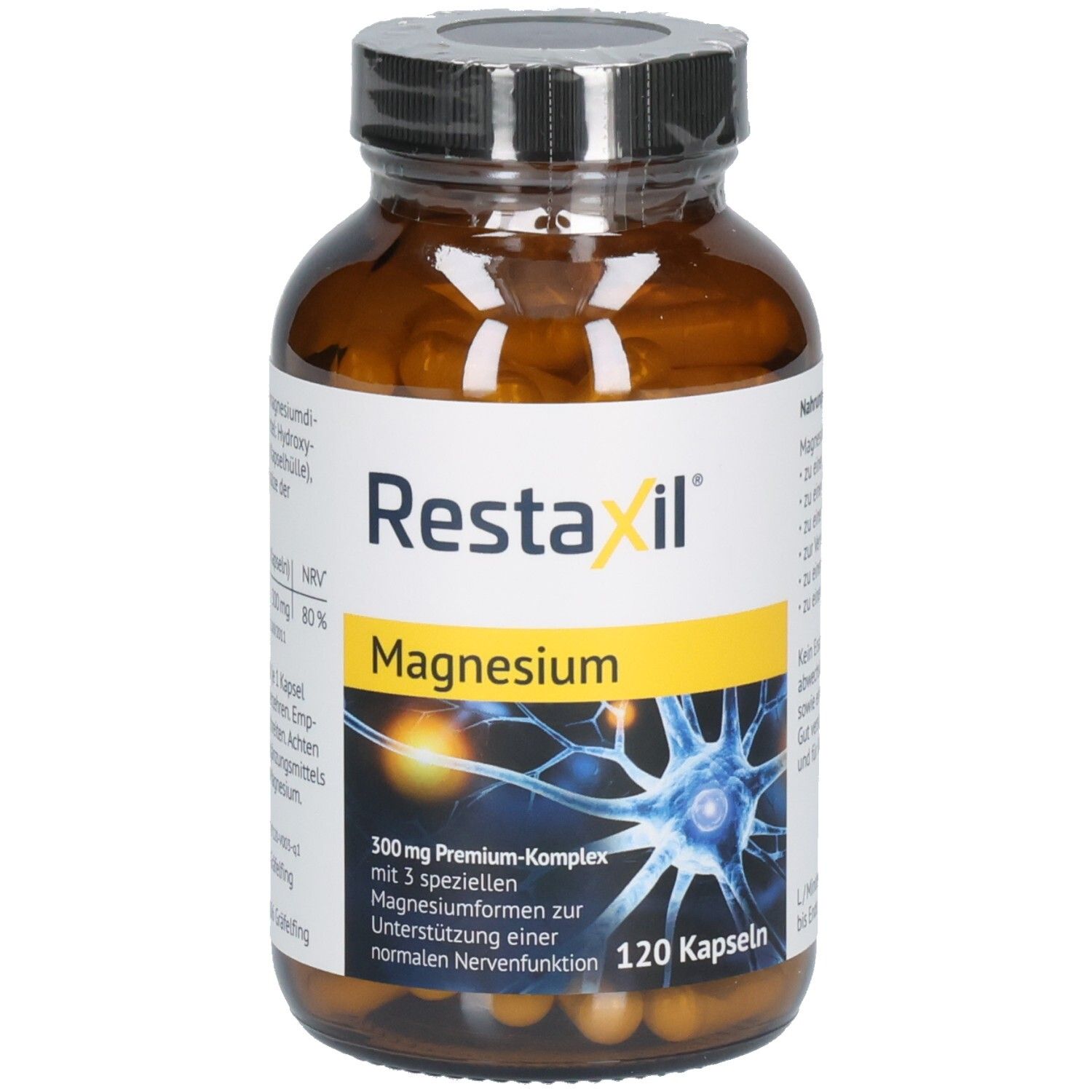 Braune Glasflasche mit Kapseln. Aufkleber mit "Restaxil Magnesium". 120 Kapseln. Gelber Akzent.