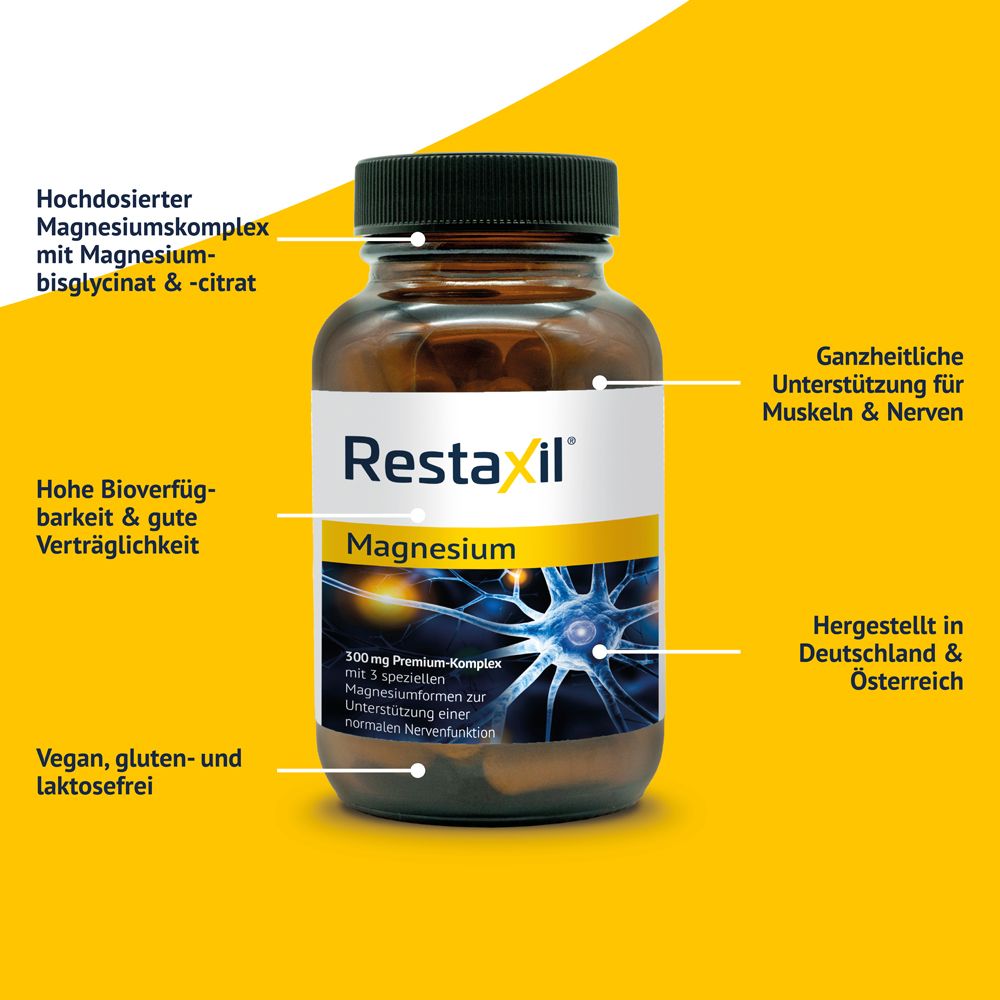 Restaxil Magnesium Kapseln: Braunglasflasche mit Etikett, das einen Nervenzell-Querschnitt zeigt. Enthält 120 Kapseln.