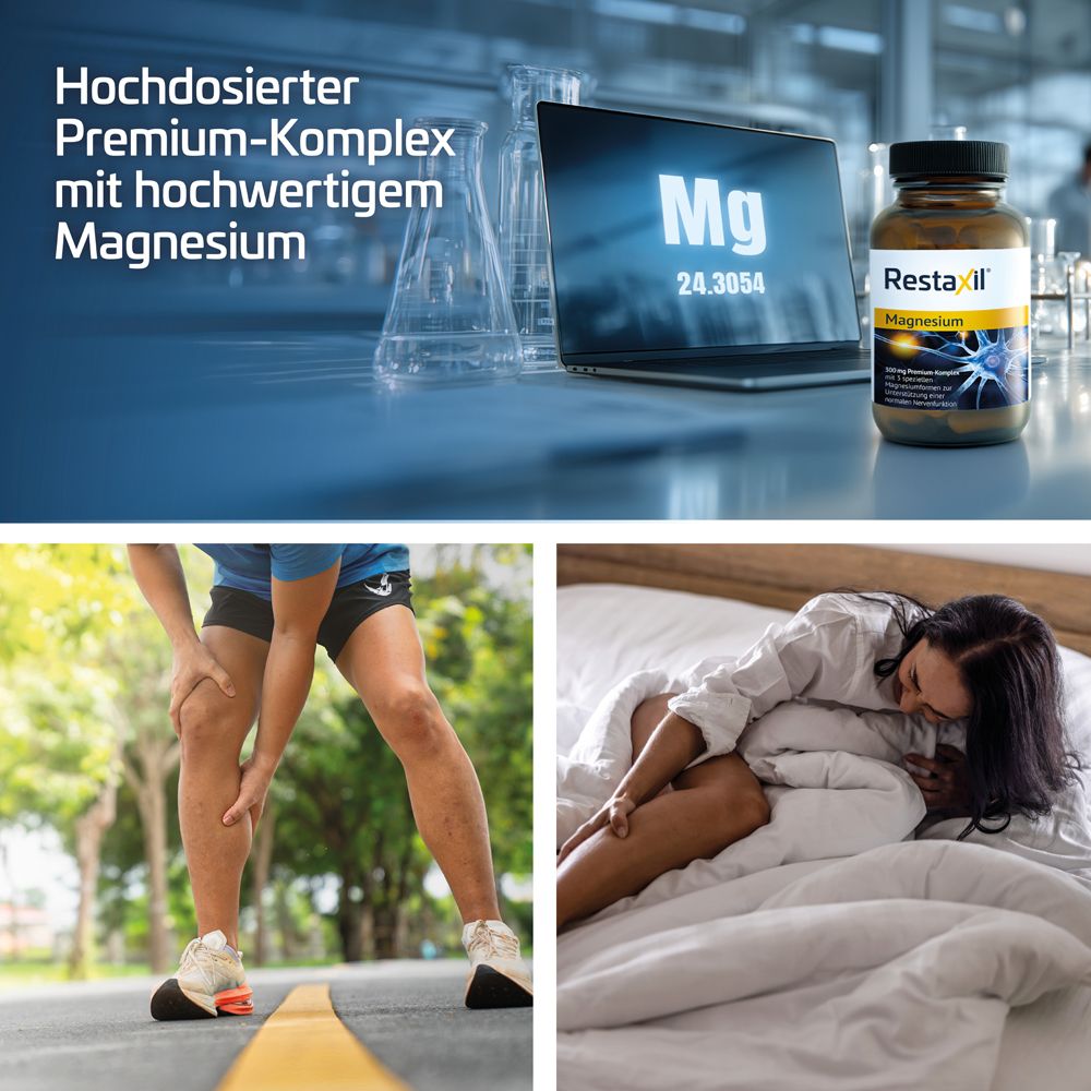 Restaxil Magnesium Kapseln: Flasche neben Laptop mit Mg-Symbol und Laborgeräten. Unten: Person mit Knieschmerzen und Person im Bett mit Schmerzen.