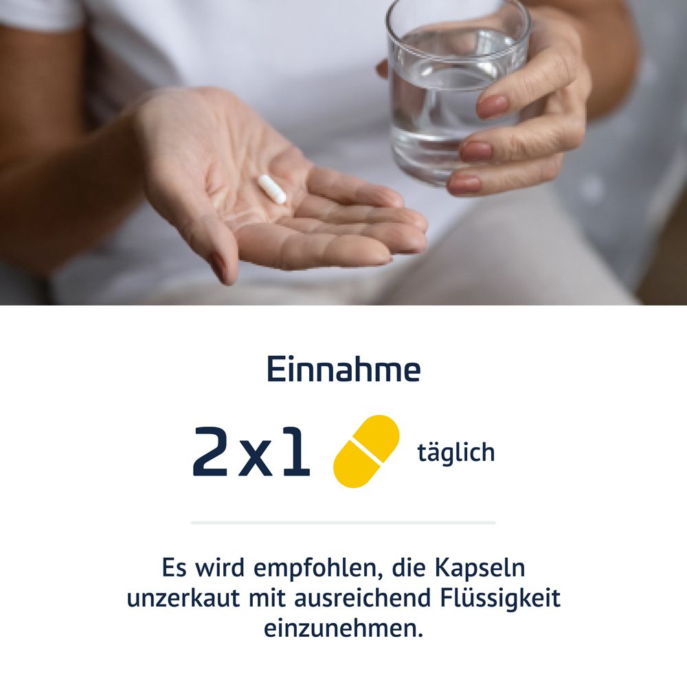 Restaxil Magnesium Kapseln: Hand hält eine Kapsel und ein Glas Wasser. Text: Einnahme 2x1 täglich.