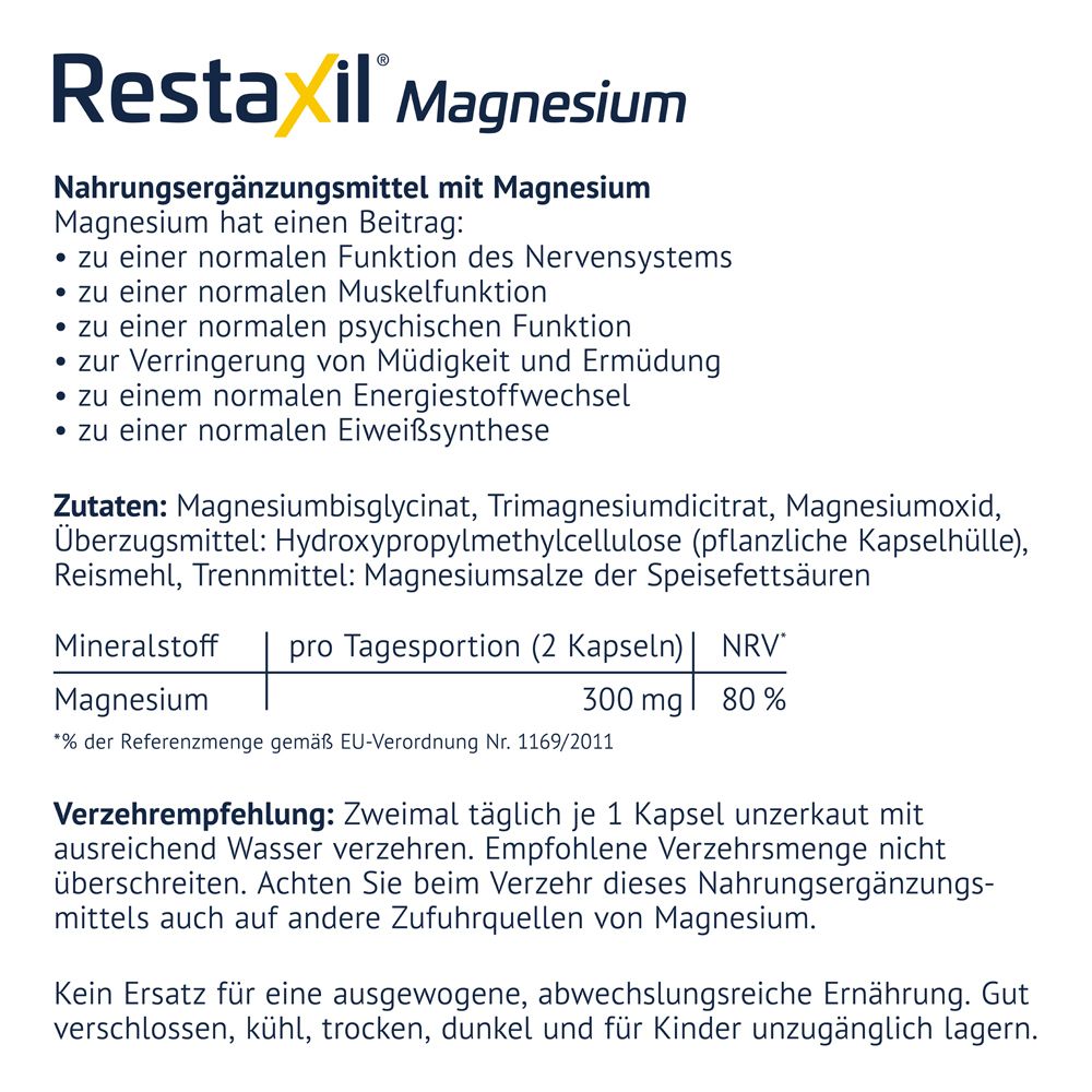 Restaxil Magnesium Kapseln: Braunglasflasche mit Etikett. Enthält 120 Kapseln. Rückseite mit Nährwertangaben und Inhaltsstoffen.