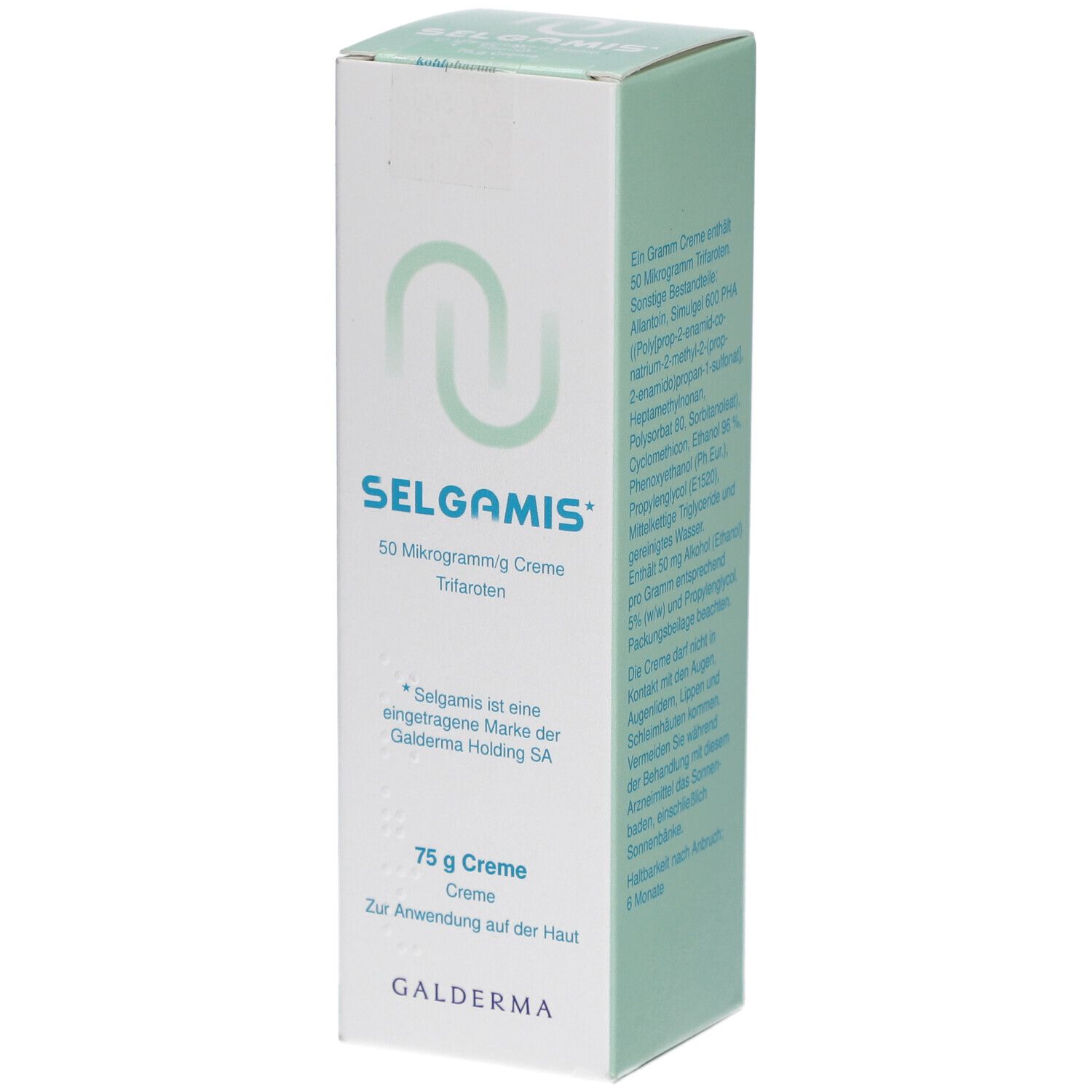 Verpackung von SELGAMIS Creme. Weißer Karton mit grünem Logo und Schriftzug. Enthält 75 g Creme.