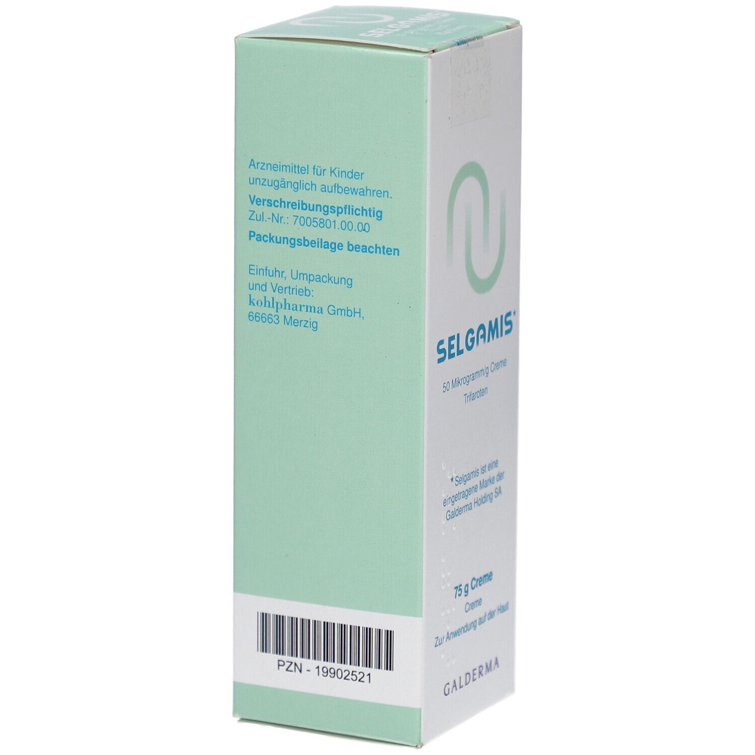 Rückseite der SELGAMIS Creme Verpackung. Enthält Informationen und Barcode. Hersteller: Kohlpharma GmbH.
